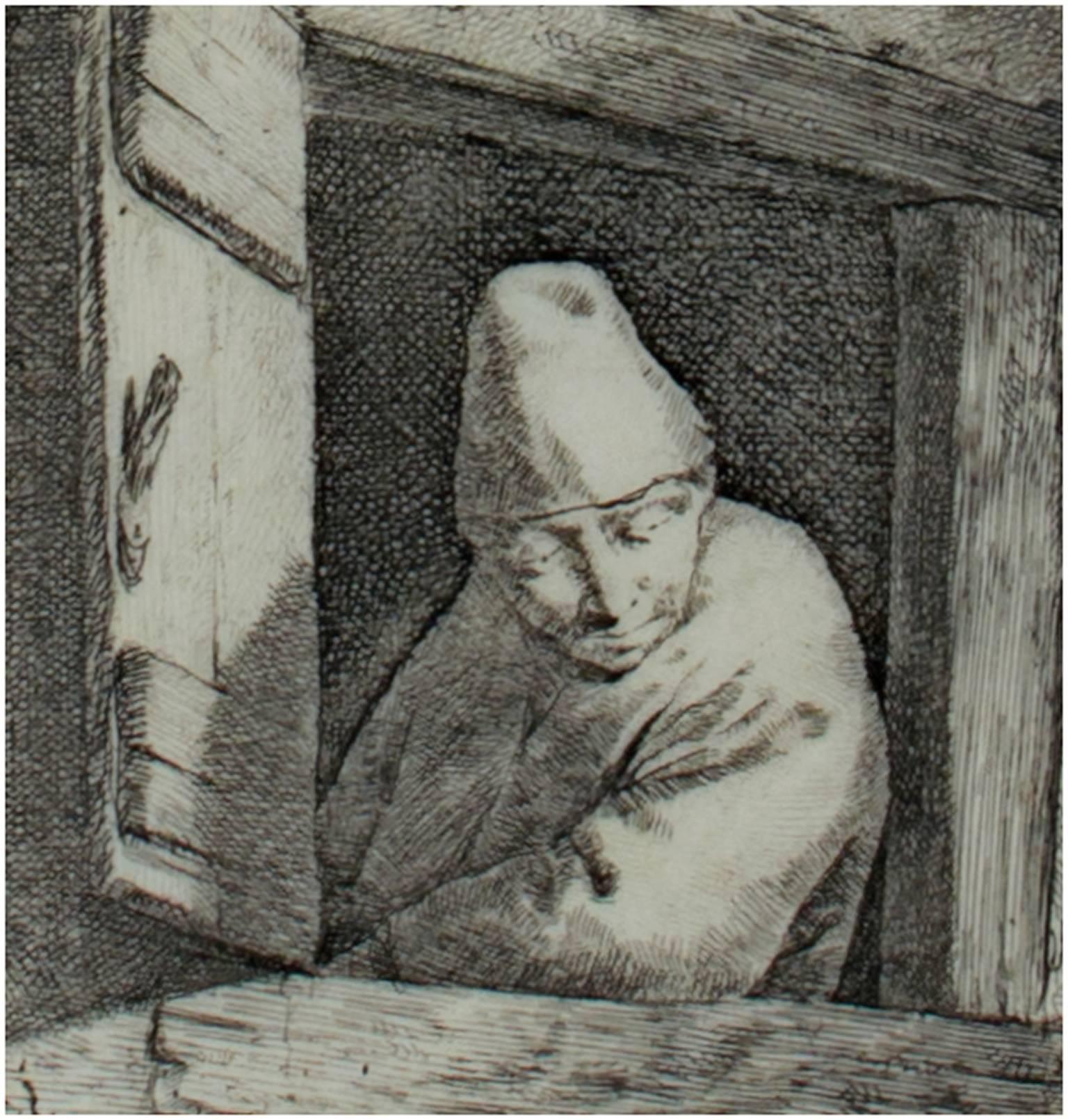 Figurative Print Cornelis Bega - « Homme regardant par une fenêtre », gravure originale signée par Cornelis-Pietersz Bega