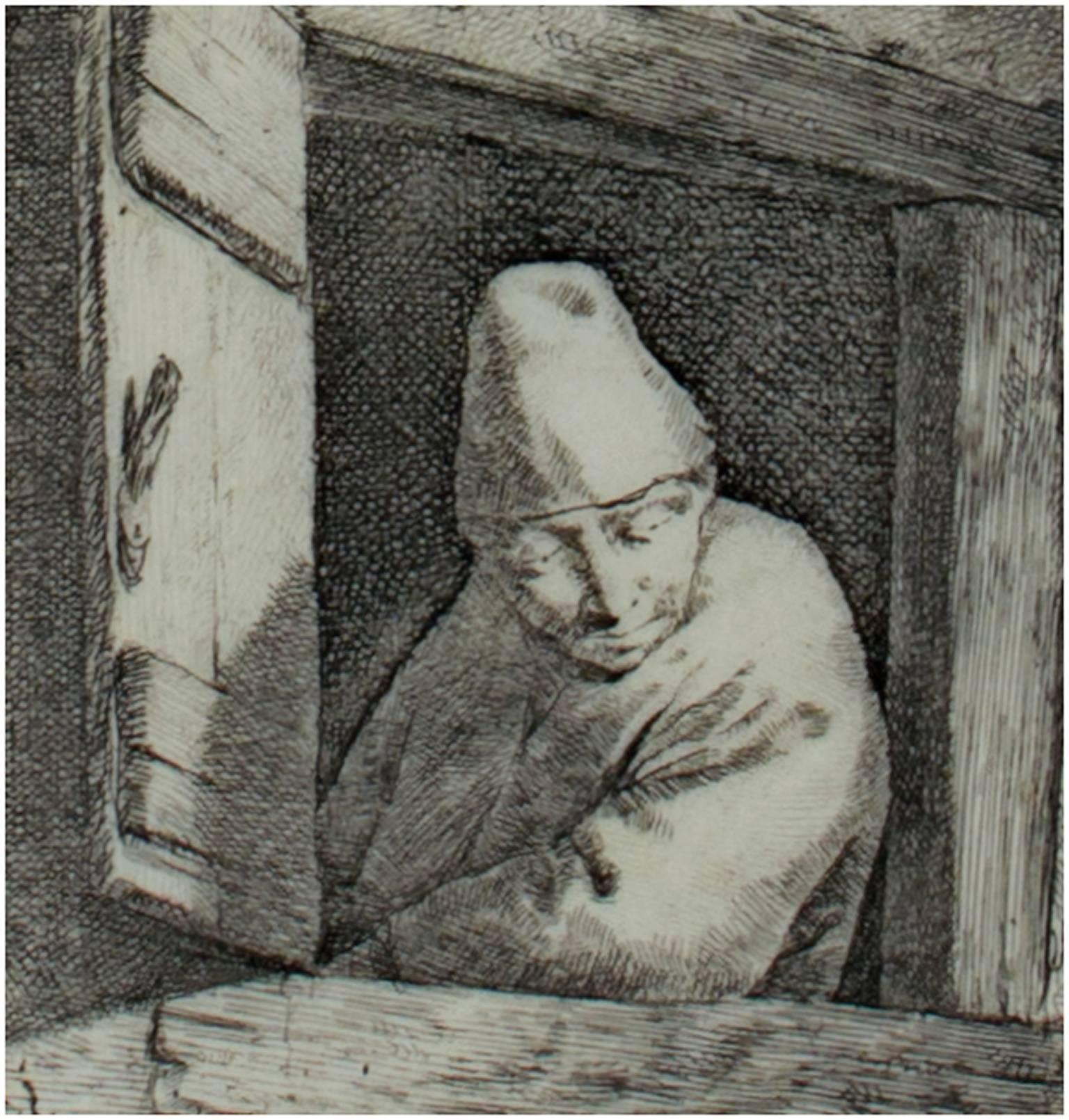 Cornelis Bega Figurative Print - 17th century etching black and white dramatic window figure scene