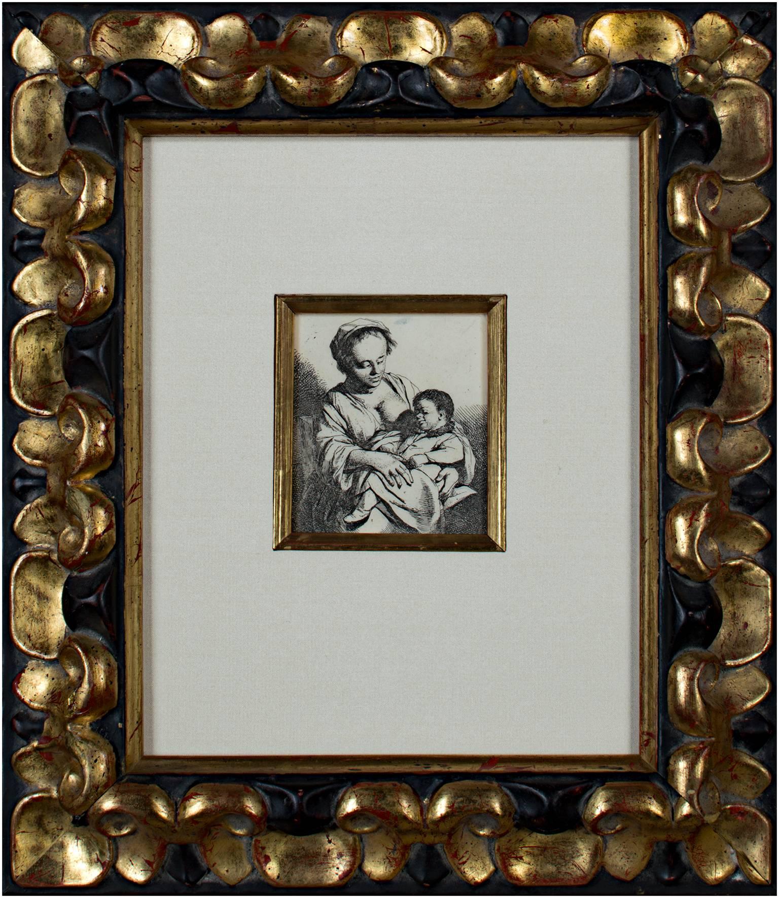 « Mère et enfant », portrait original à l'eau-forte de Cornelis-Pietersz Bega - Gris Figurative Print par Cornelis Bega