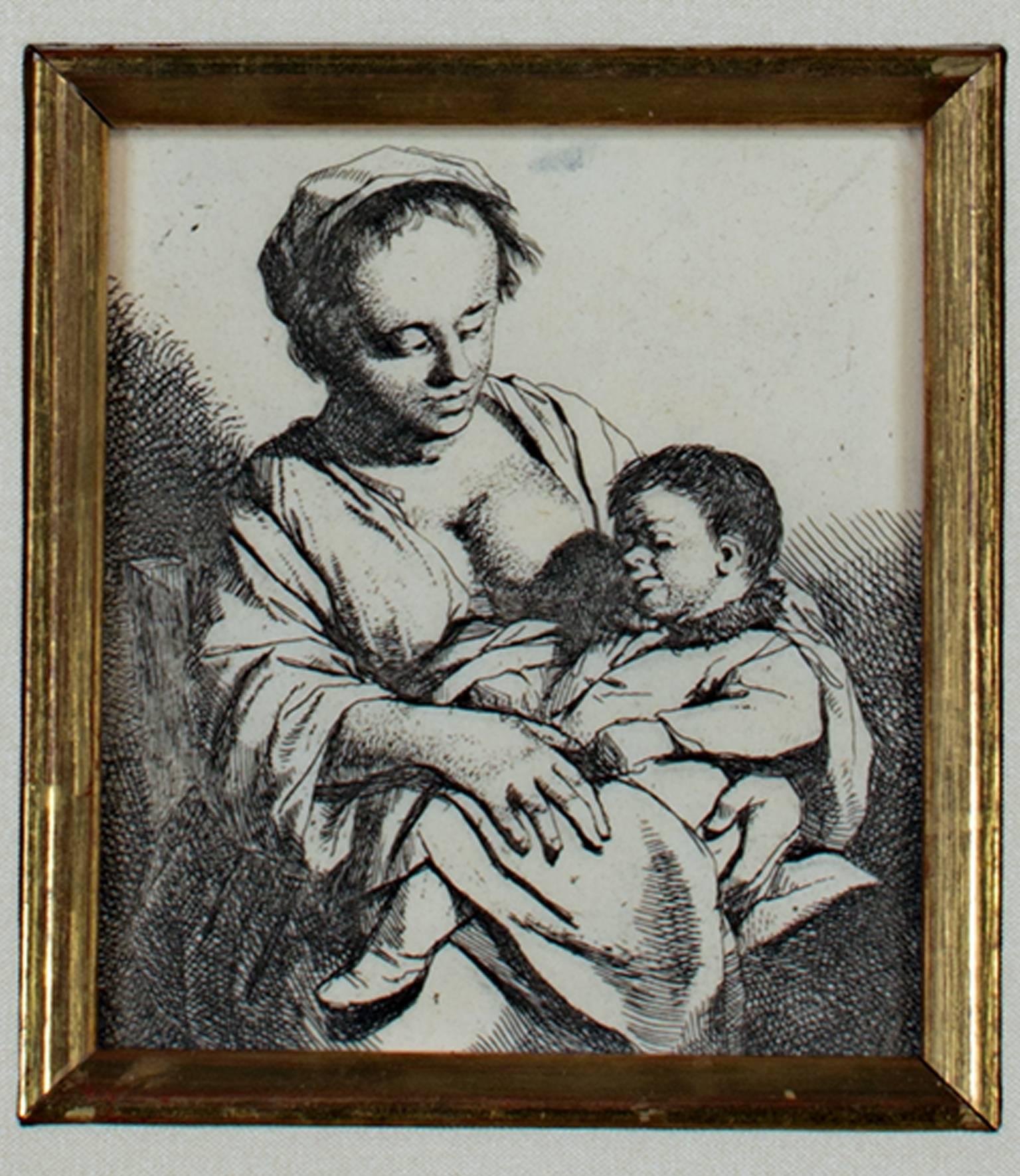 17th century etching black and white mother and child figures scene - Old Masters Print by Cornelis Bega