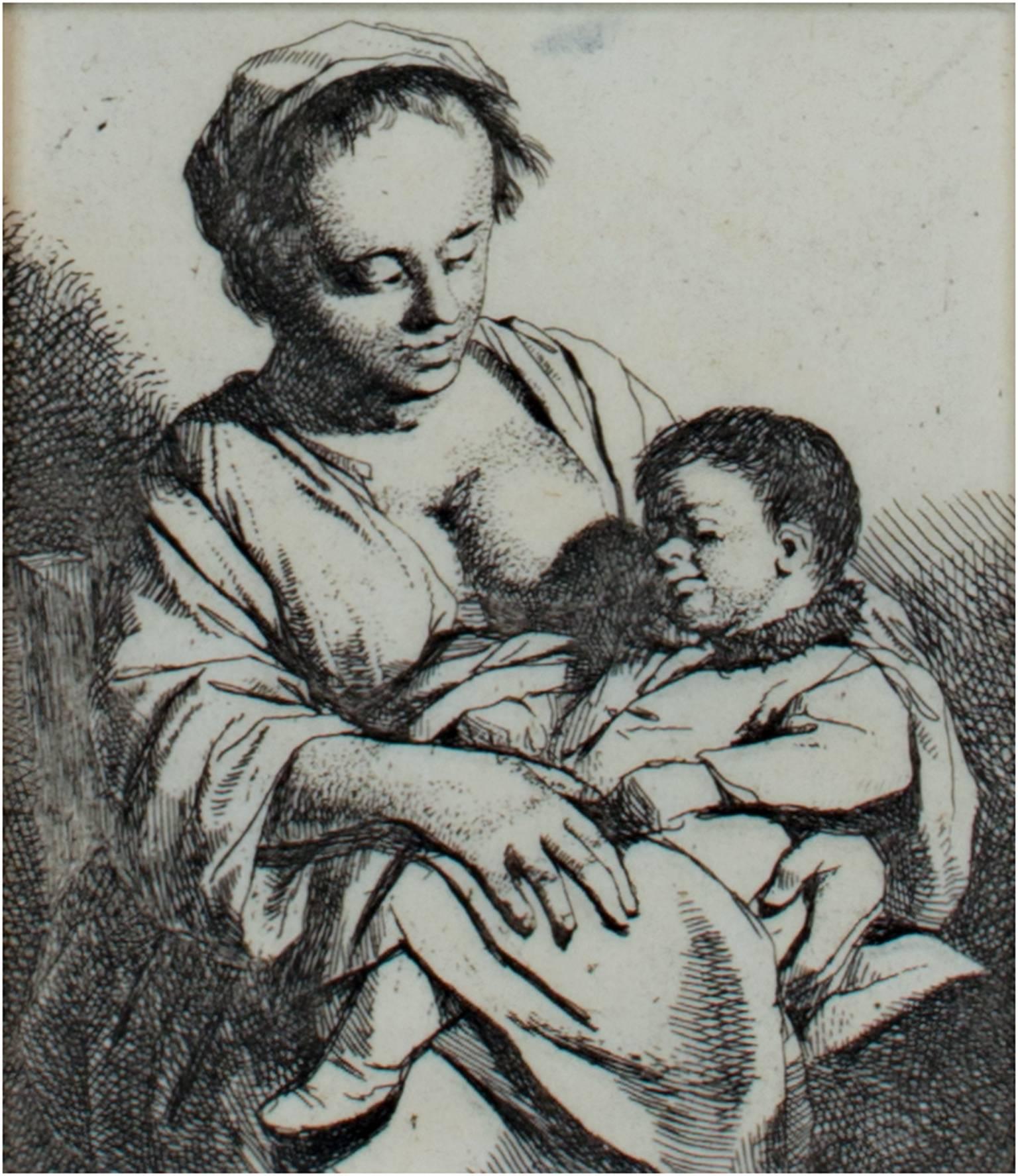 "Mother & Child, " Original Etching Portrait by Cornelis-Pietersz Bega