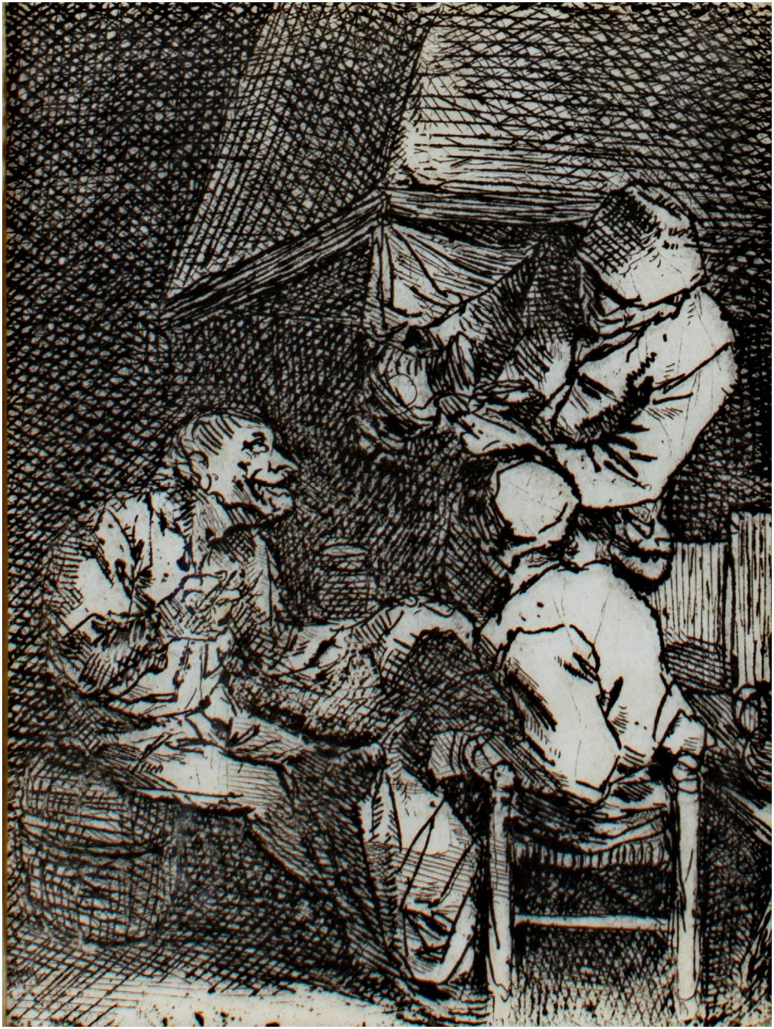 Cornelis Bega Figurative Print - "The Conversation, " original etching by Cornelis-Pietersz Bega