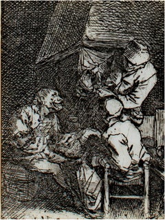 XVIIe siècle gravure à l'eau-forte en noir et blanc scène de personnages à l'intérieur d'une table