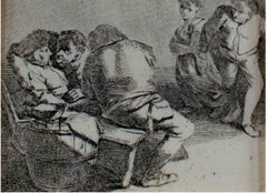 Gravure à l'eau-forte du 17e siècle, en noir et blanc, scène d'intérieur avec personnages dramatiques