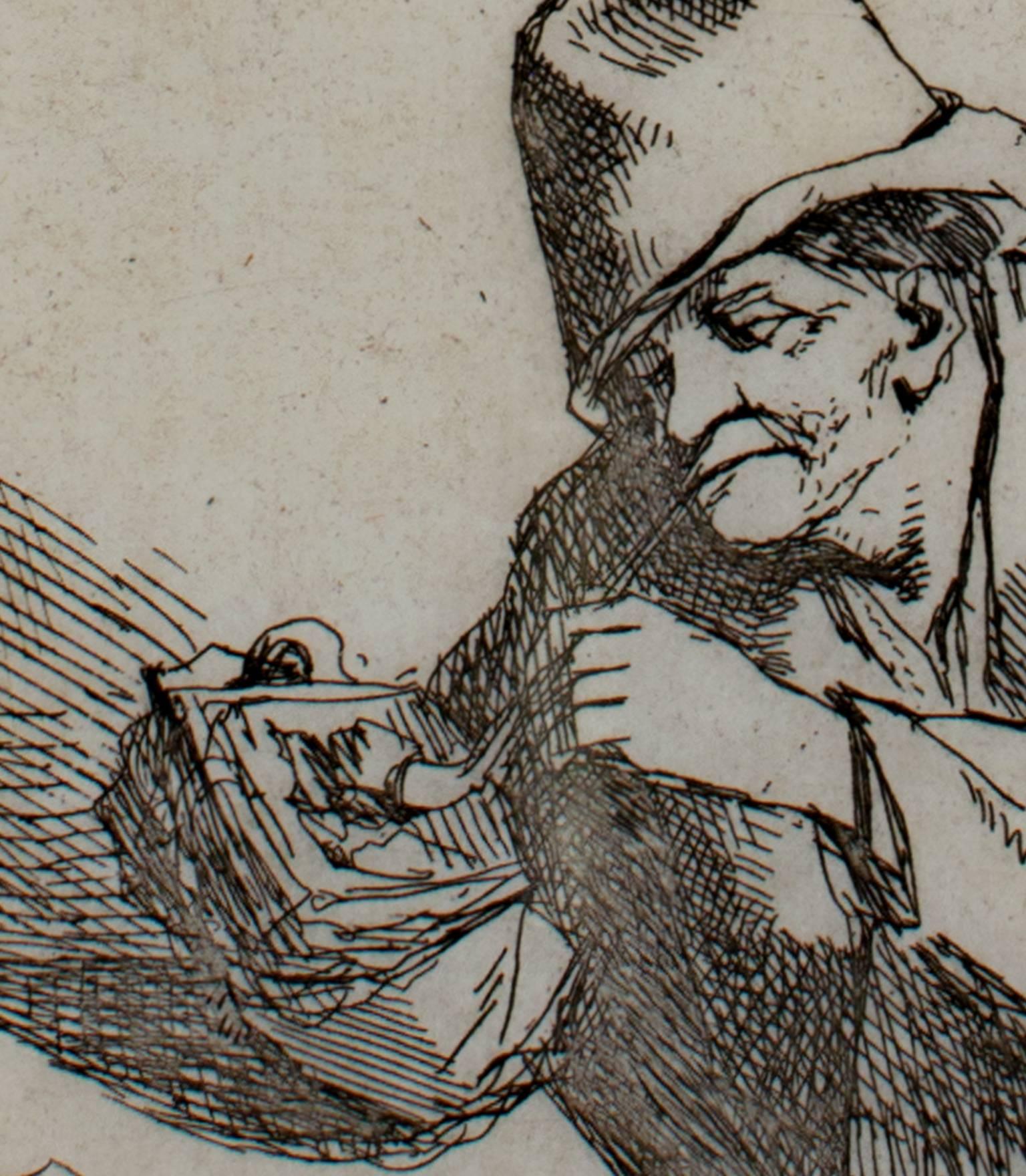 17th century etching black and white figure table tobacco pipe scene - Print by Cornelis Bega