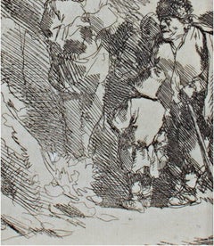 17th century etching black and white figures scene