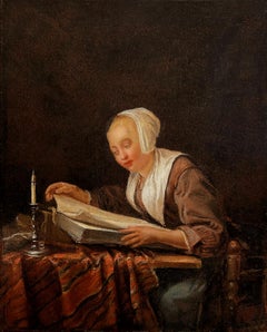 Reading by Candlelight, 17th Century Dutch Interior Oil Painting, Dutch Frame