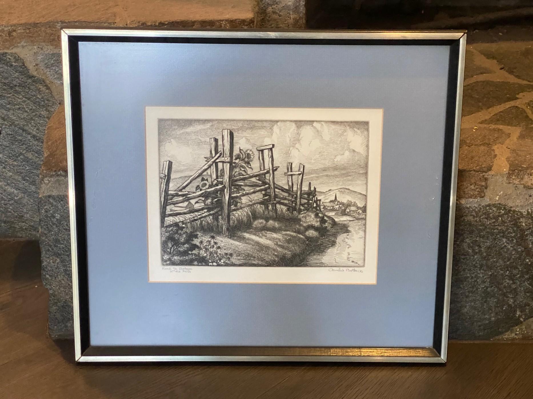 Une belle image rurale sereine du peintre, graveur et artiste américain et californien d'origine néerlandaise Cornelis Botke (1887-1954) intitulée 