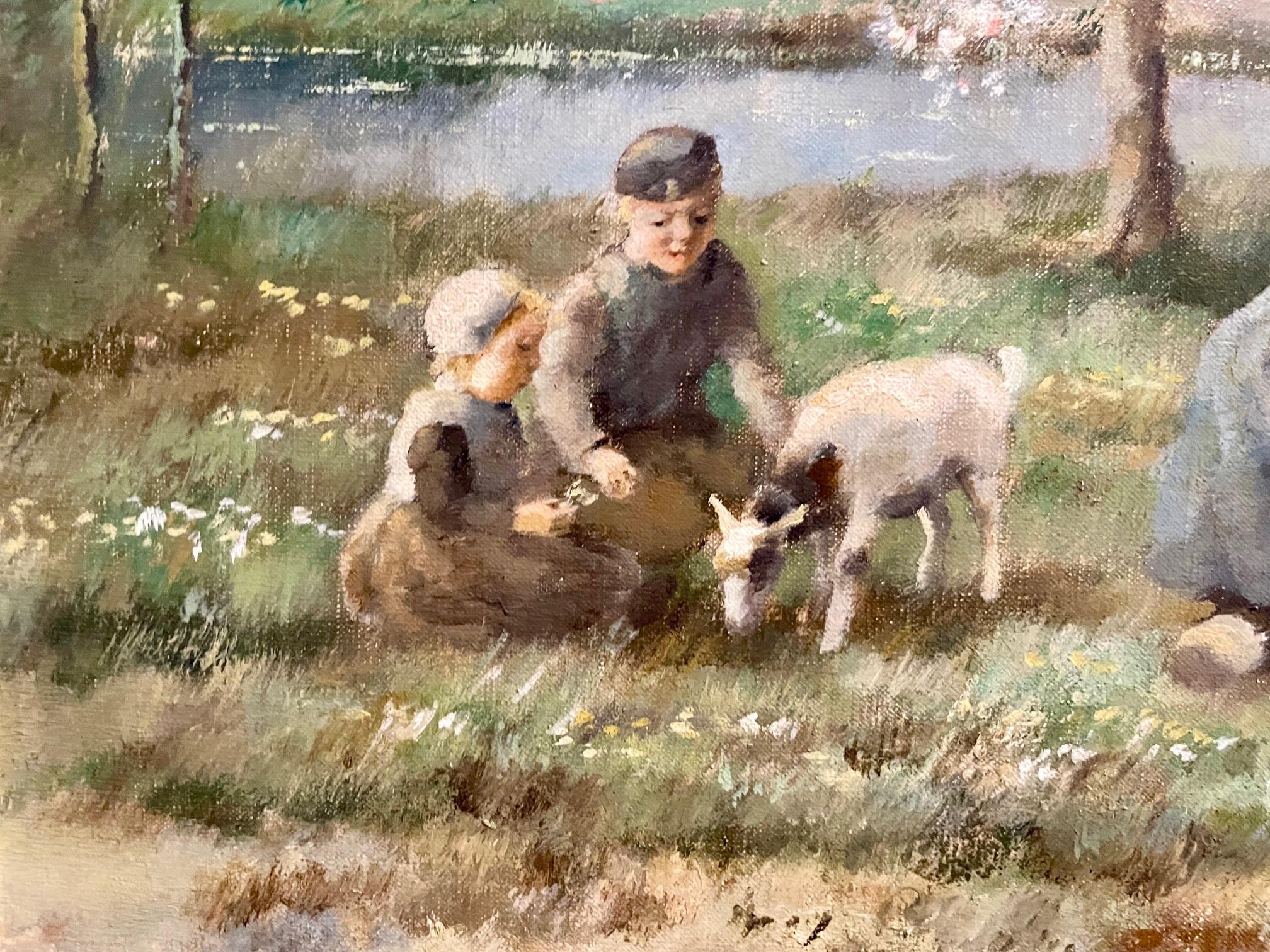 In the Meadow, Springtime Dutch - Brown Landscape Painting by Cornelius Bouter