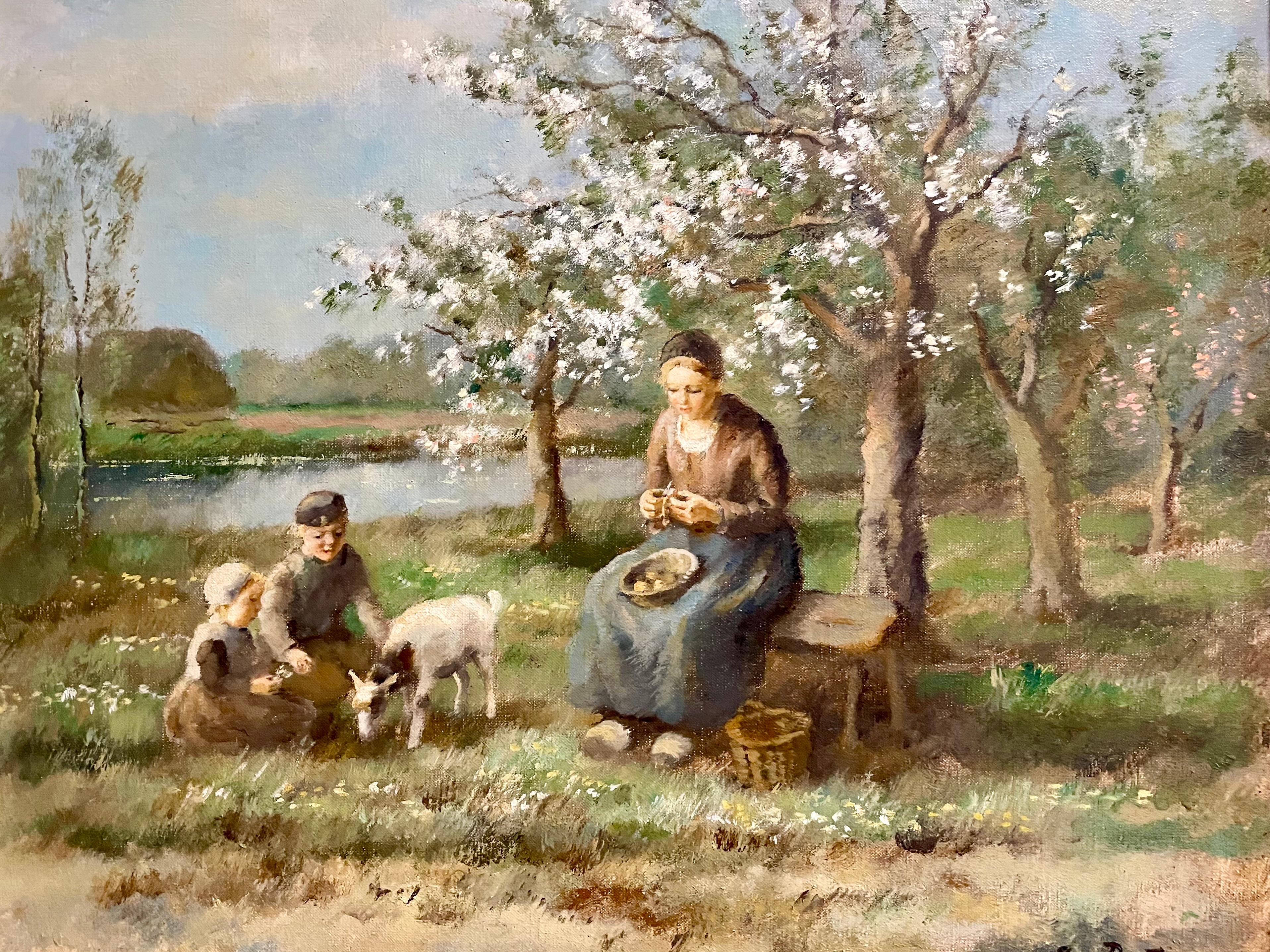 Cornelius Bouter Landscape Painting - In the Meadow, Springtime Dutch