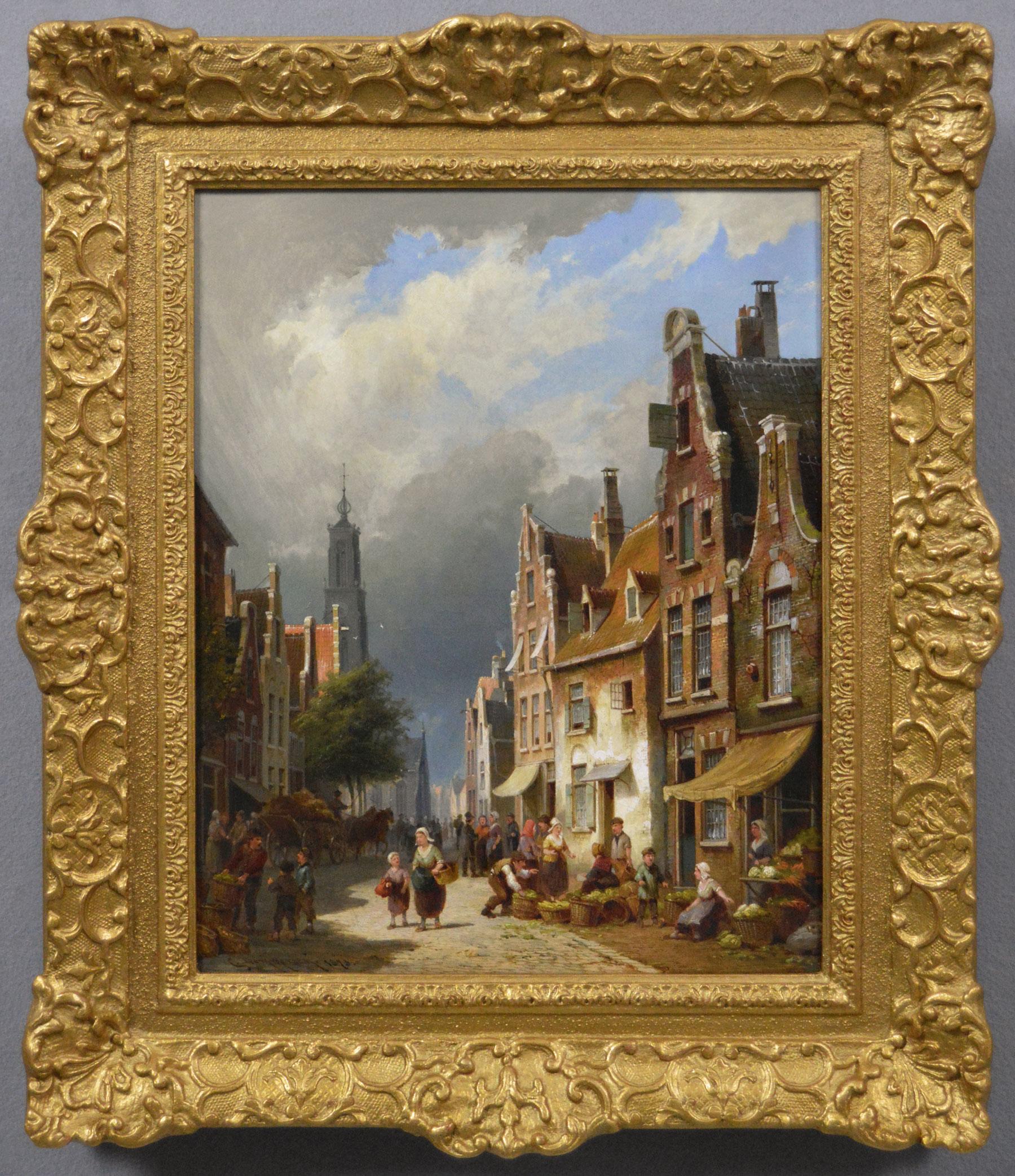 19th Century townscape oil painting of figures in a Dutch street