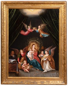 Antique 17th c. Flemish, Virgin and Child with angel musicians by Cornelis de Baellieur