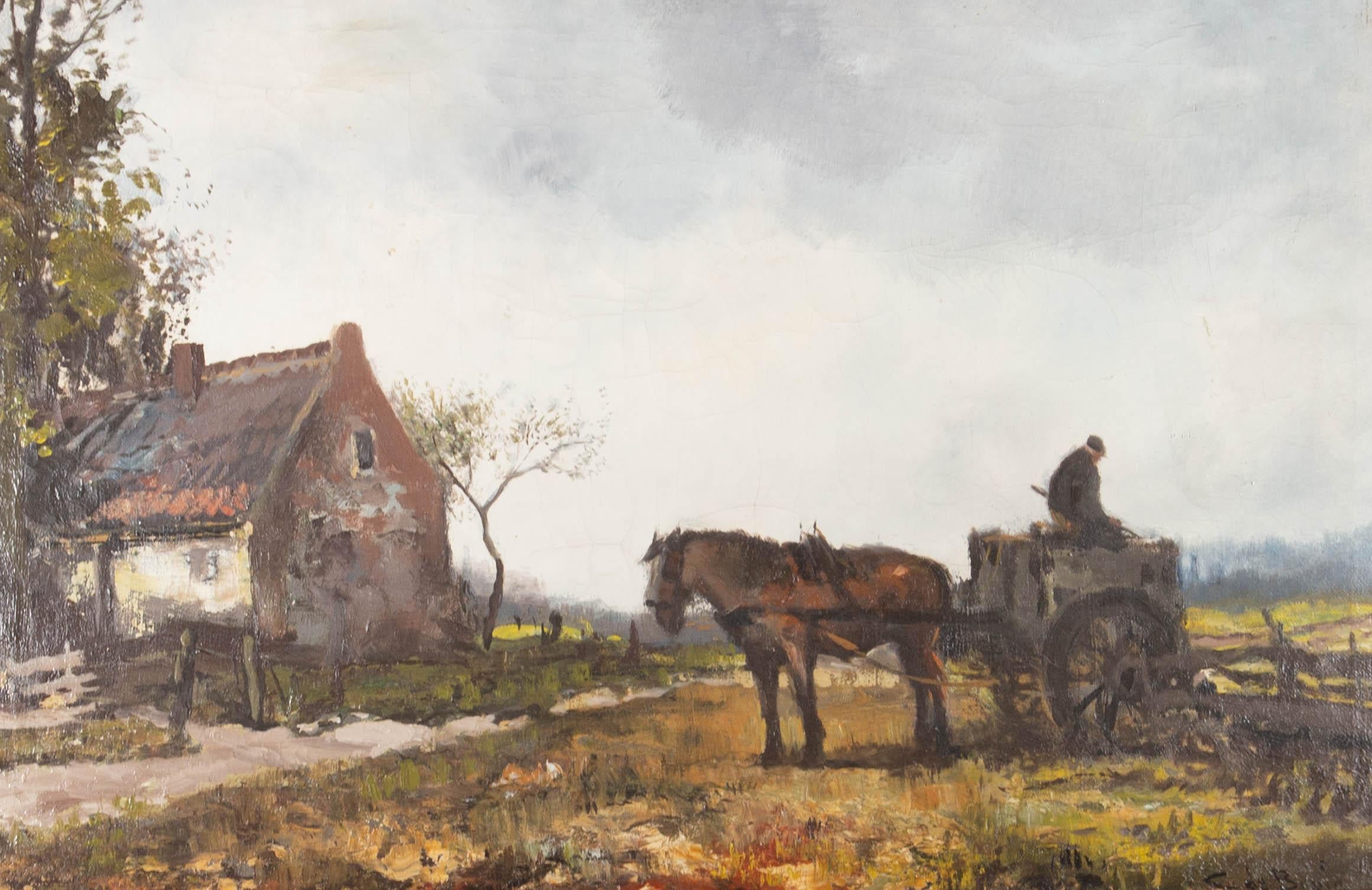 A view of a horse and cart beside a farmhouse painted with loose and energetic brushstrokes. A man sits idly on the cart. Presented in an ornate gilt-effect wooden frame with detailed strapwork moulding. Signed to the lower-right edge. On canvas on