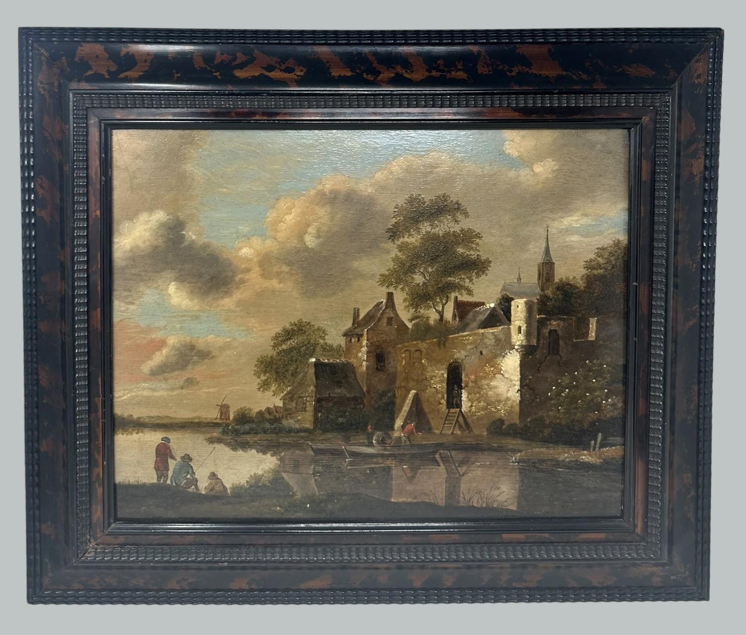 Raro paisaje fluvial con tres pescadores en una orilla y un transbordador que llega a un pueblo fortificado junto a un lago, óleo sobre tabla de madera, firmemente atribuido a Cornelis Gerritsz Decker, posiblemente finales del siglo XVII  

Estado: