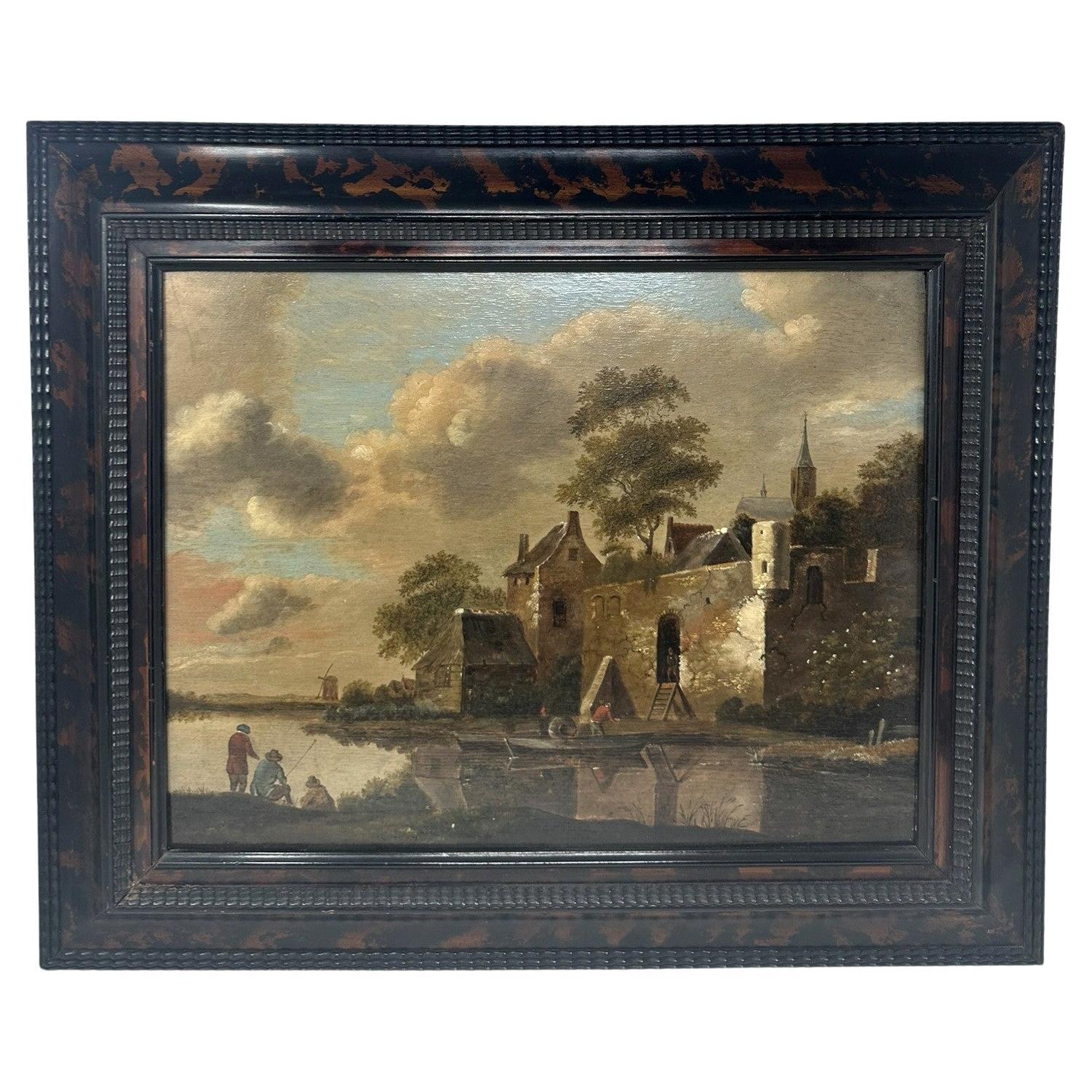 Cornelis Gerritsz Decker 1618- 1678 Pintura holandesa antigua Pueblo de pescadores en venta