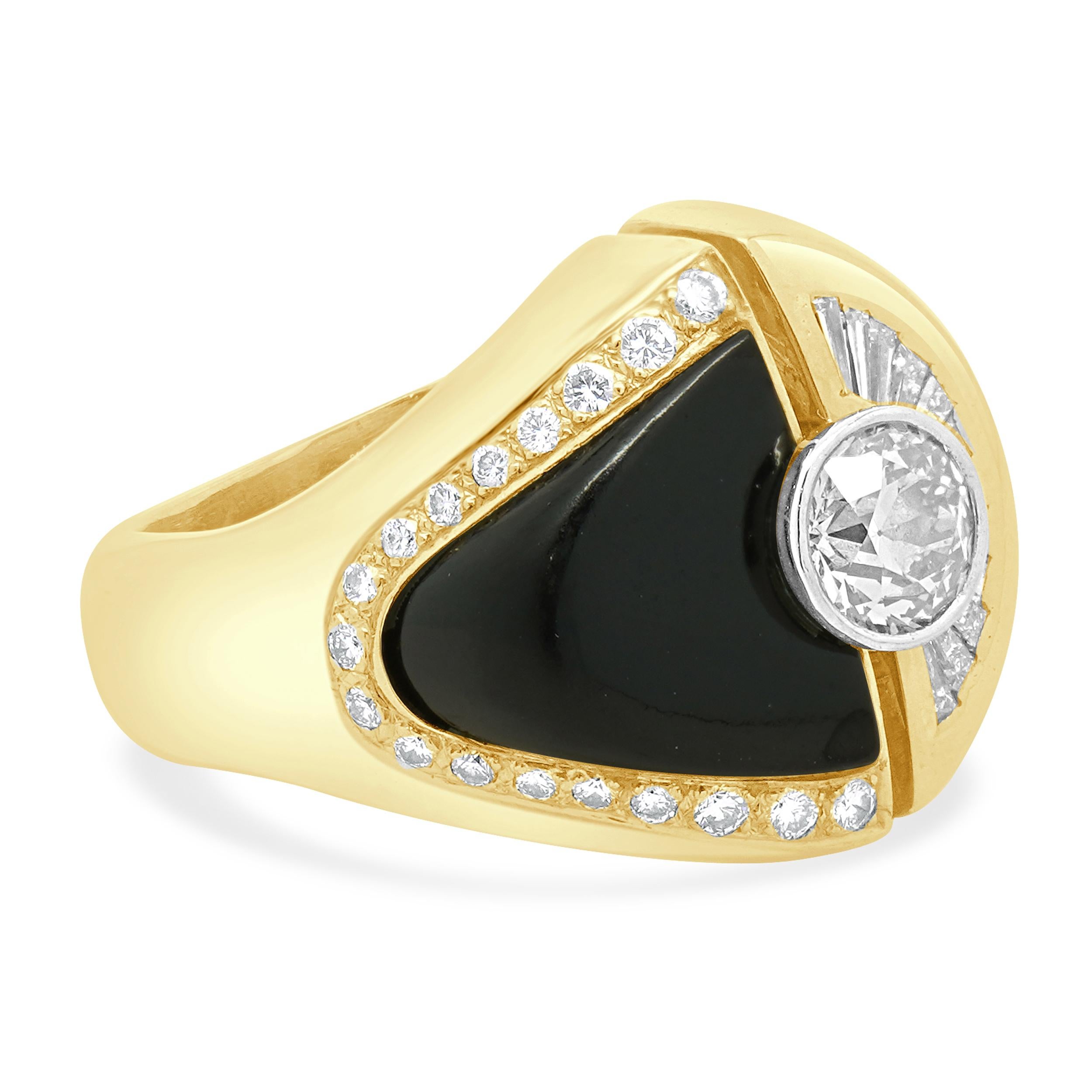 Designer: Cornelis Hollander
Material: 18K yellow gold
Center Diamond: European cut = 1.50cttw
Color: I
Clarity: SI1
Diamond: 30 round and baguette cut = 0.57cttw
Color: G
Clarity: SI1
Dimensions: ring top measures 20.4mm wide
Ring Size: 9.25