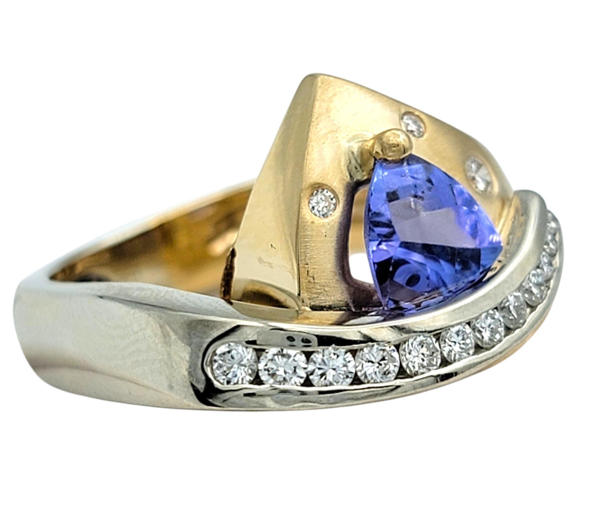 Trillion Cut Cornelis Hollander Tanzanite & Diamond Contemporary Two-Tone 14 Karat Gold Ring For Sale