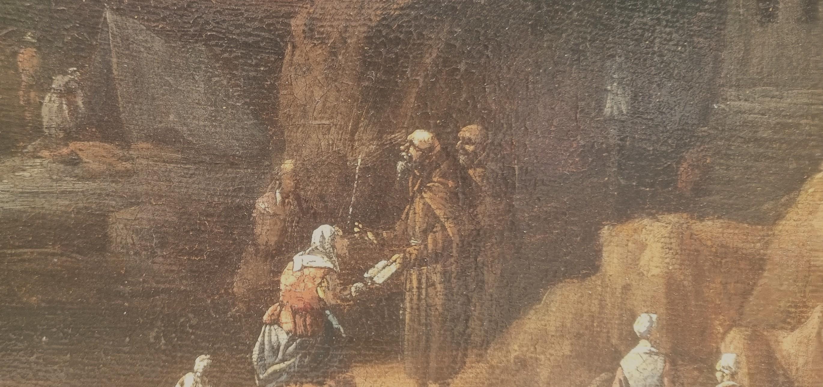 Cornelis HUYSMANS (wird zugeschrieben)
Antwerpen, 1648 - Mechelen, 1827
Landschaft mit Pilgern, die Eremiten besuchen
Öl auf Leinwand 49,2 x 58,5 cm (60 x 69,7 cm mit Rahmen)
Alter Stempel auf dem Verso 
