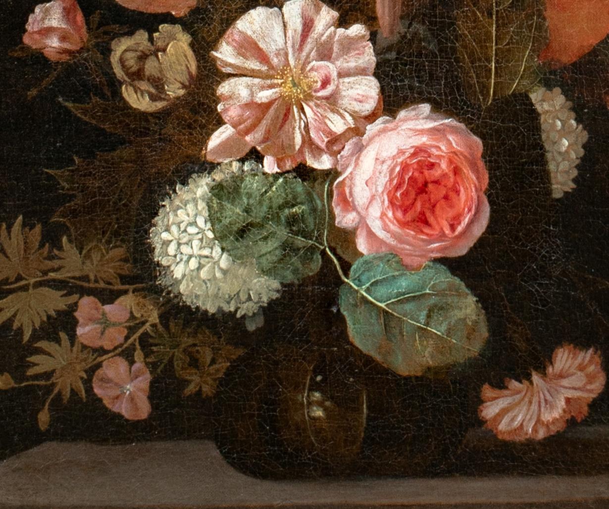 Still Life Of Roses Carnations Hollyhocks and Other Flowers, 17th Century  - Brown Portrait Painting by Cornelis Kick