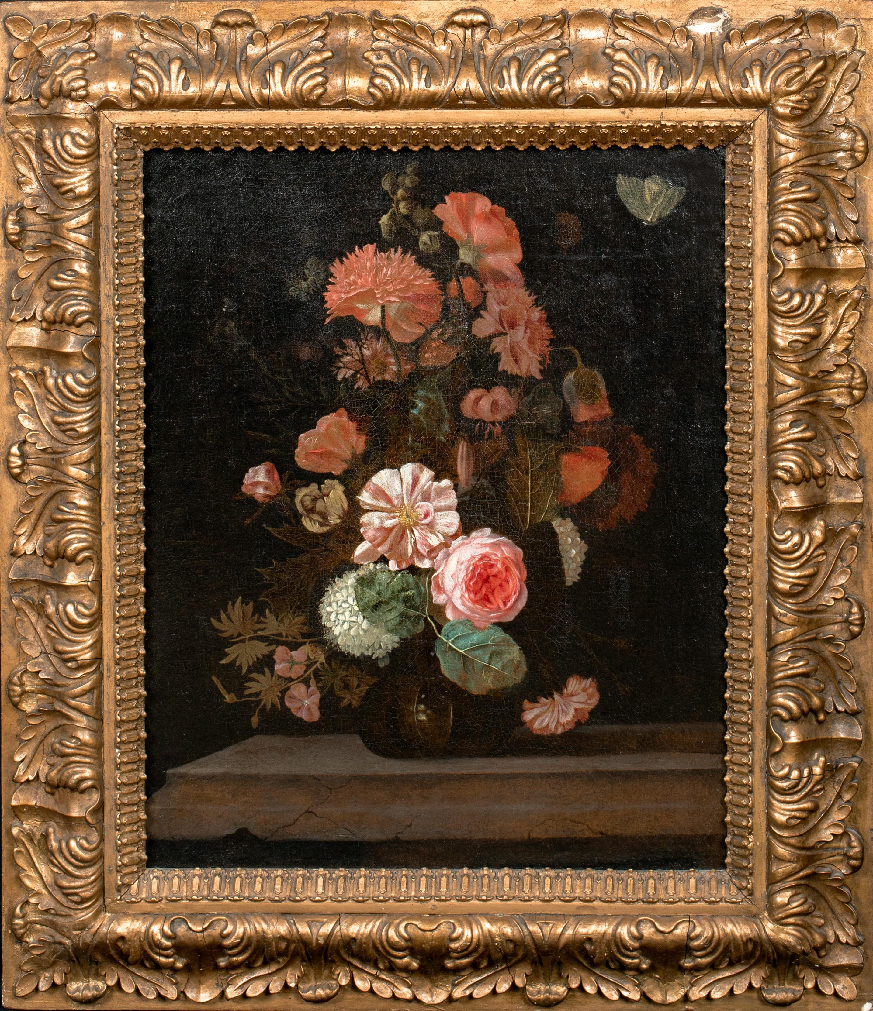 Cornelis Kick Portrait Painting - Still Life Of Roses Carnations Hollyhocks and Other Flowers, 17th Century 