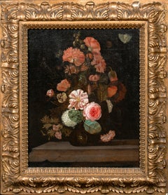 Antique Still Life Of Roses Carnations Hollyhocks and Other Flowers, 17th Century 