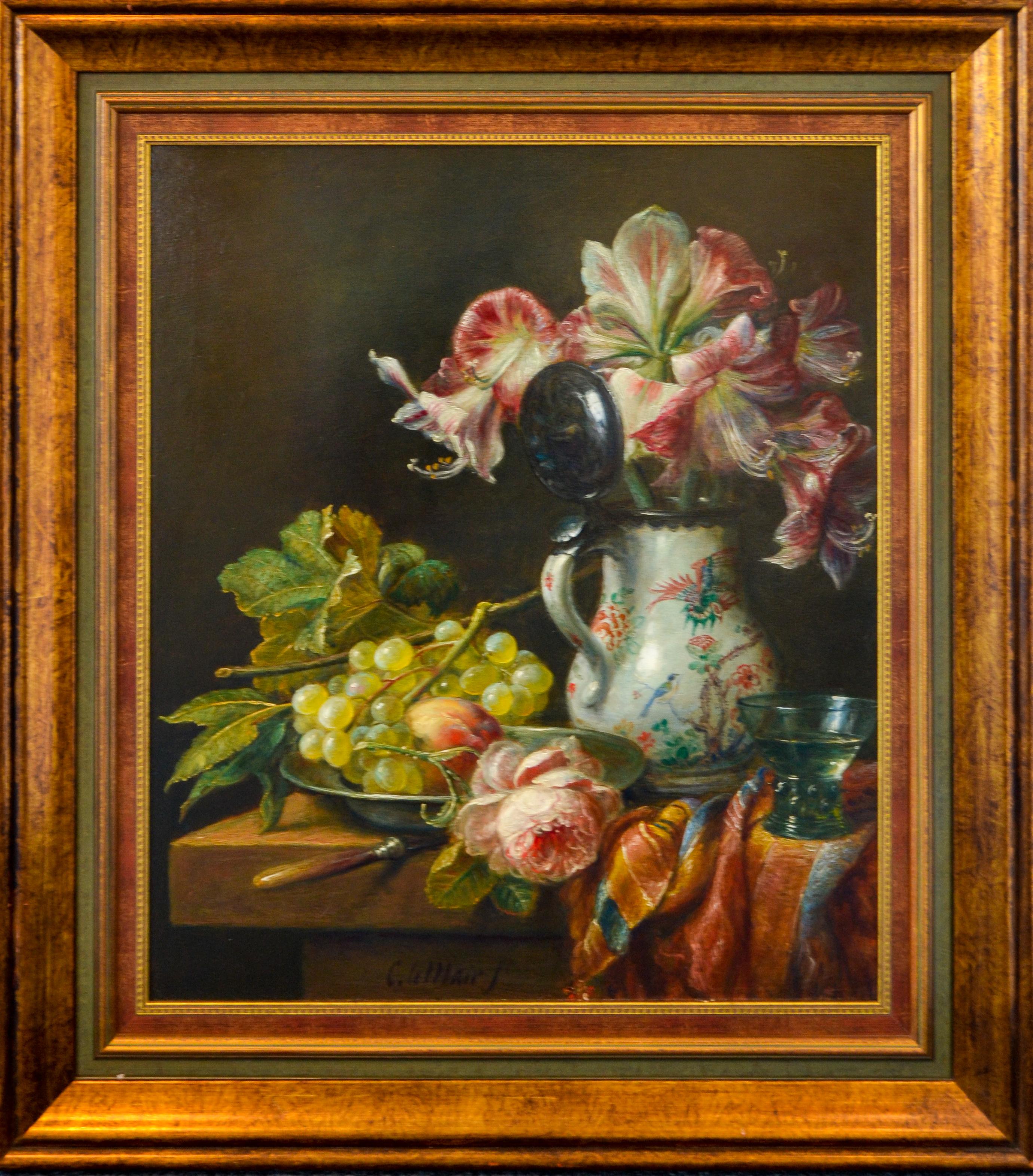 Pichet de Chine, raisins et fleurs - Peinture de nature morte de style classique néerlandais - Painting de Cornelis Le Mair