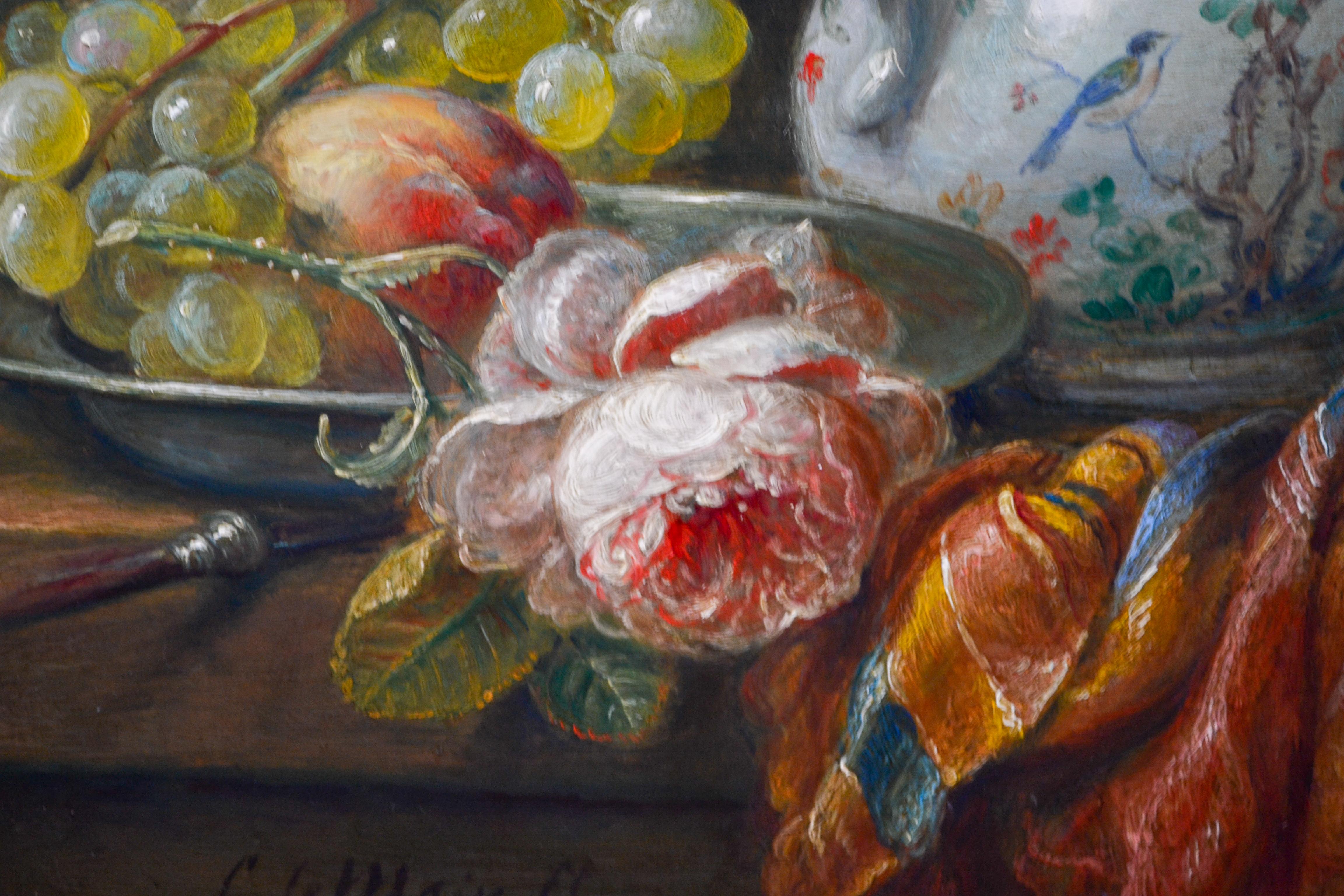 Chinesischer Krug, Trauben und Blumen – holländisches Stillleben im klassischen Stil (Romantik), Painting, von Cornelis Le Mair