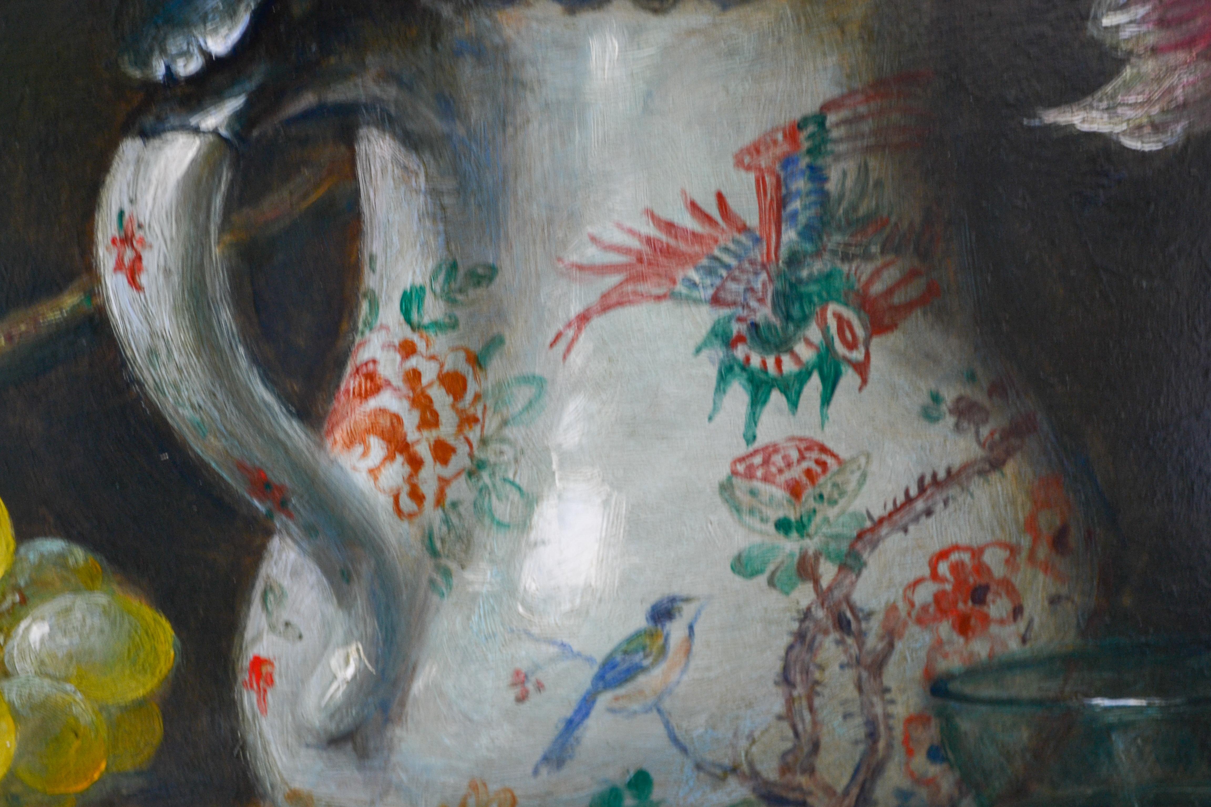 Pichet de Chine, raisins et fleurs - Peinture de nature morte de style classique néerlandais - Marron Figurative Painting par Cornelis Le Mair
