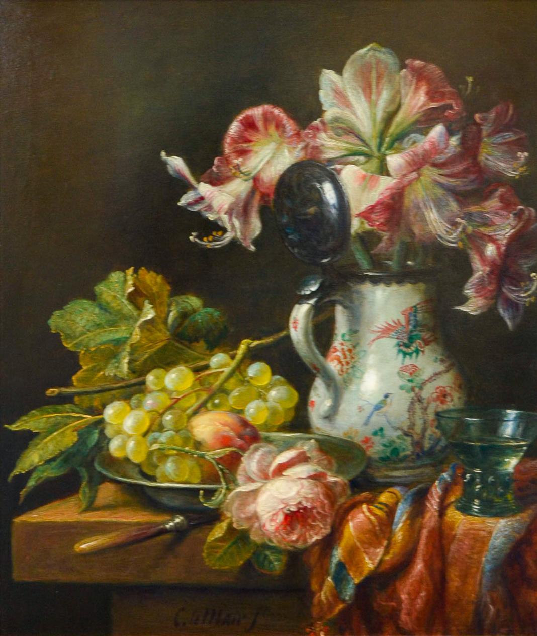 Pichet de Chine, raisins et fleurs - Peinture de nature morte de style classique néerlandais