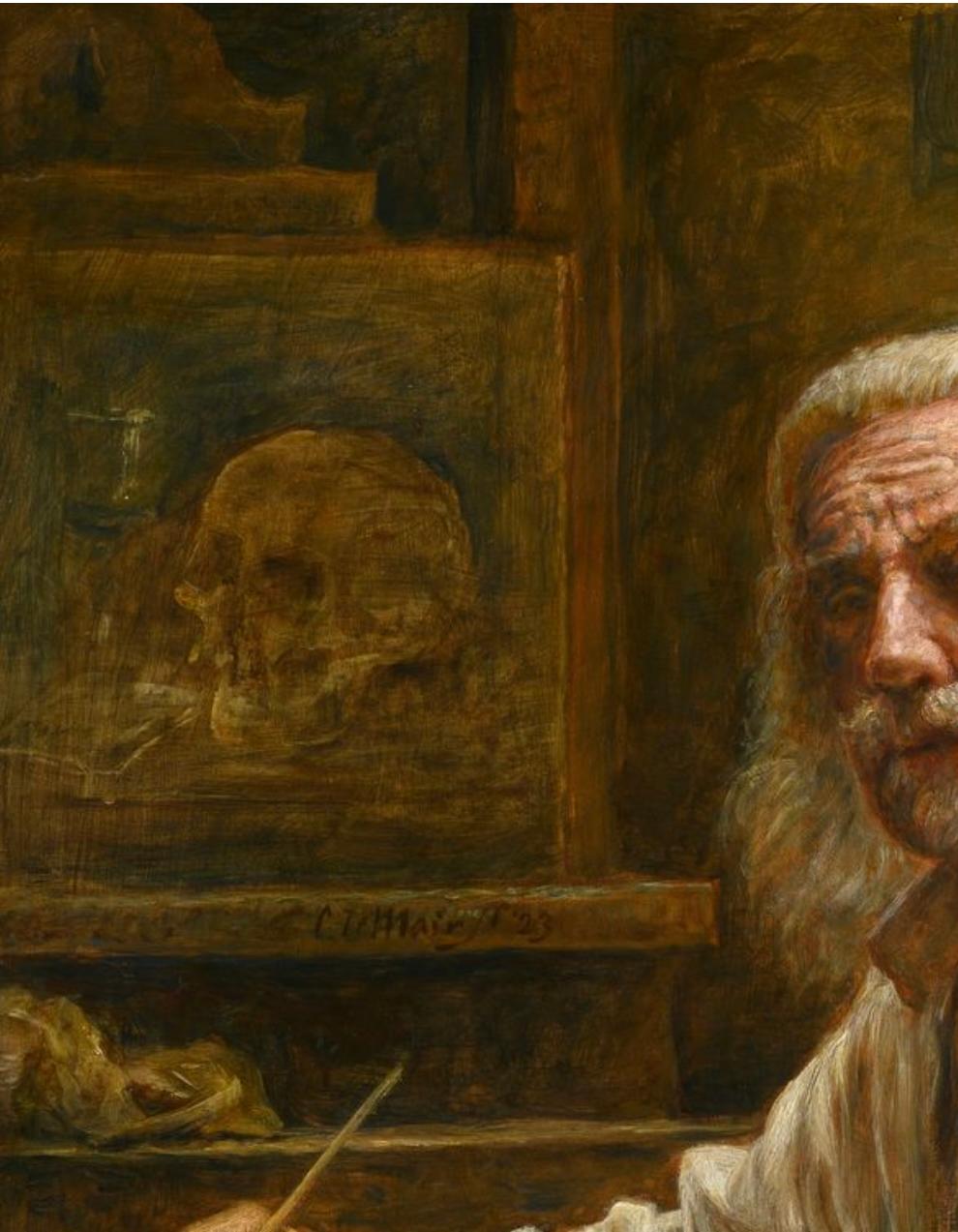 Self portrait at easel by Cornelis le Mair
115 x 105 cm ( frame included) without frame 90 x 80 cm
oil on wood panel

In 2024 this remarkable artist will reach the age of 80 years. Still painting every day, and still painting in is own unique style.