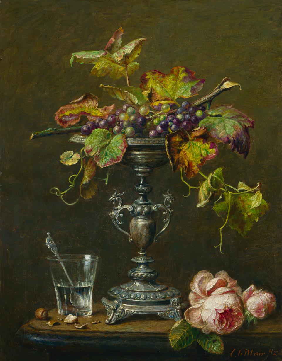 Still life of Tazza with red grapes- 17th Century Style Contemporary Still-life 
