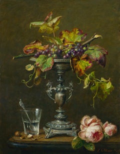 Still life of Tazza with red grapes- 17th Century Style Contemporary Still-life 