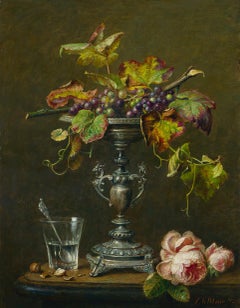 Still life of Tazza with red grapes- 17th Century Style Contemporary Still-life