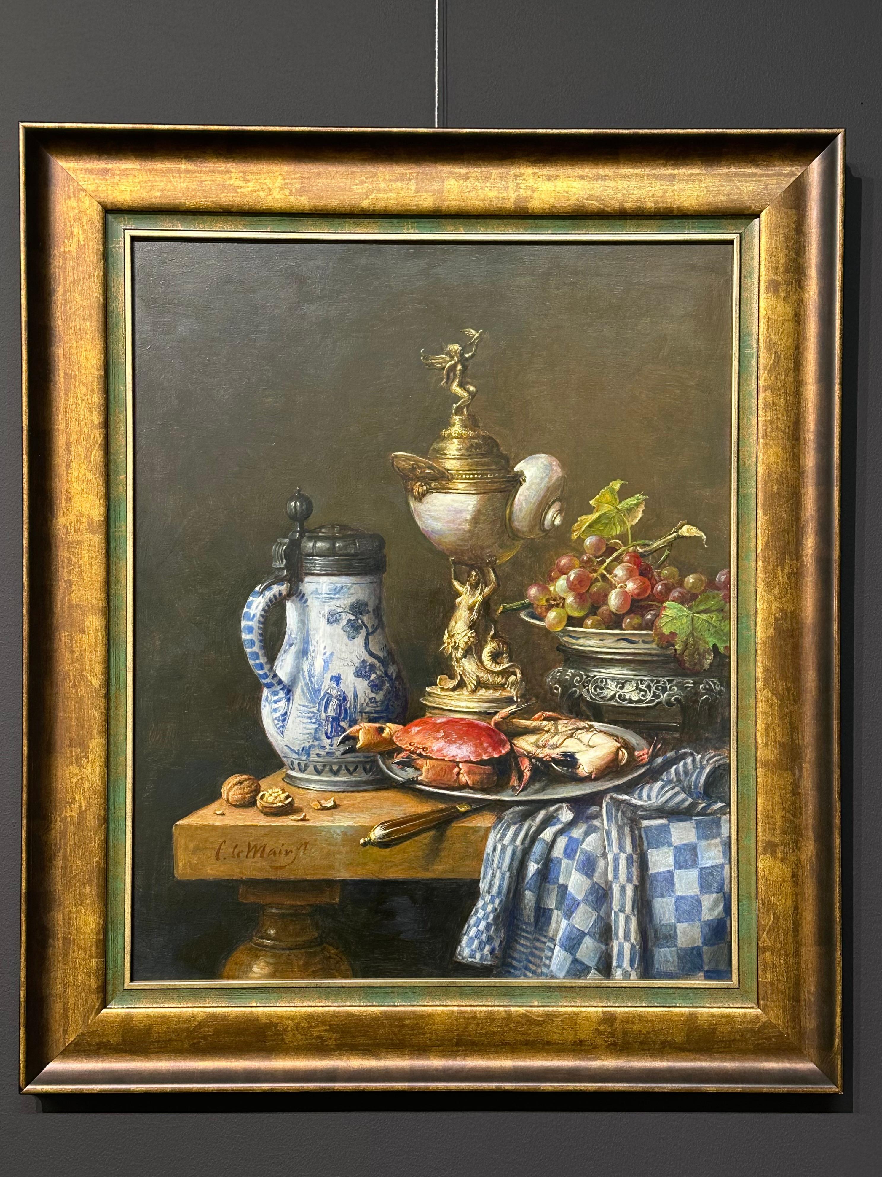 Cornelis le Mair
Still life with Delft Blue Lid Jar, Shell Cup and Crabs
68 x 55 cm (framed 88 x 75 cm) Frame is included in price
Oil on wood panel 
 
On the last picture the painter himself, painted by himself. This selfportrait is also available
