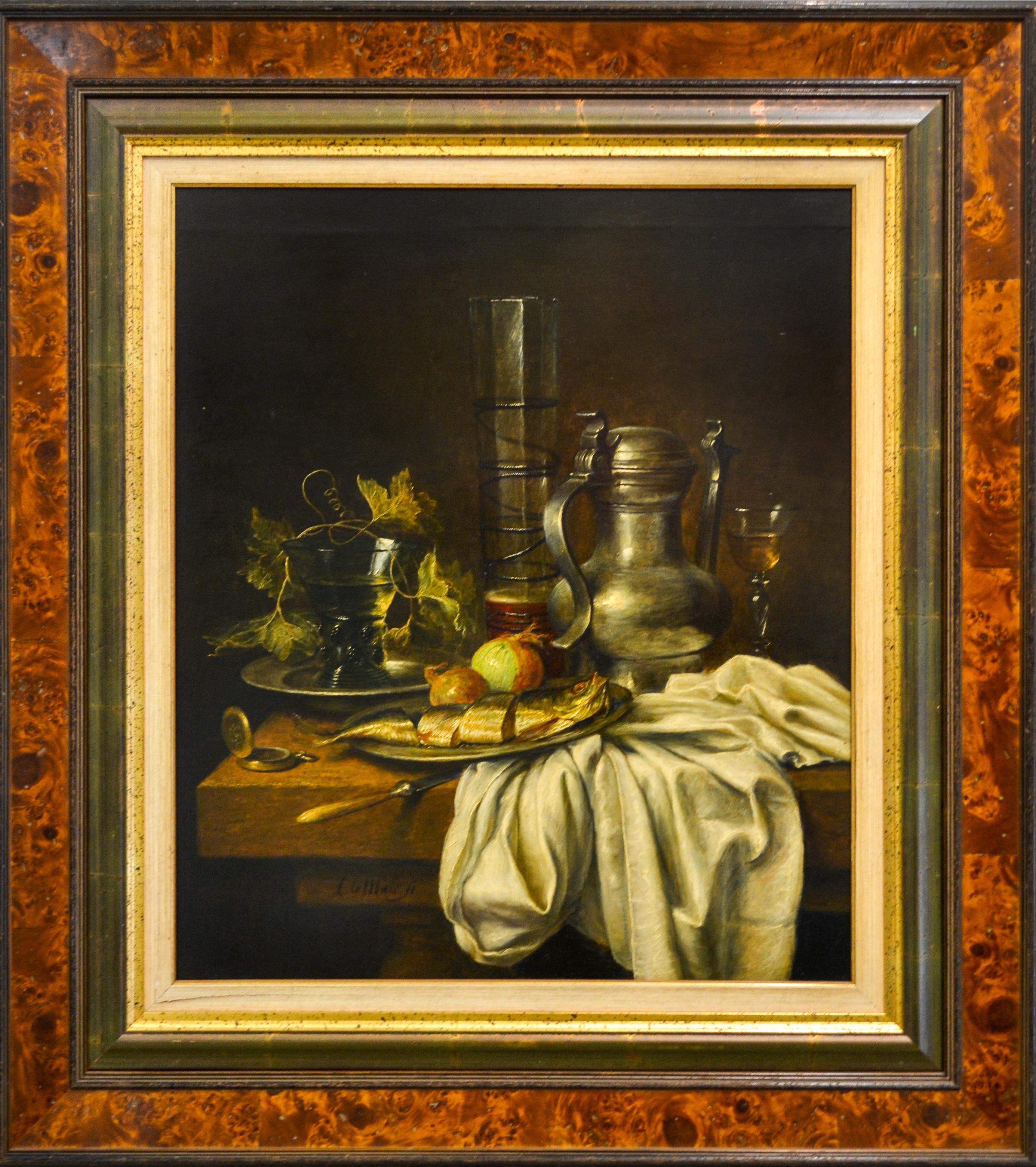 Canne et assiette en étain avec poisson, oignon et un verre de bière - Nature morte hollandaise classique  - Painting de Cornelis Le Mair
