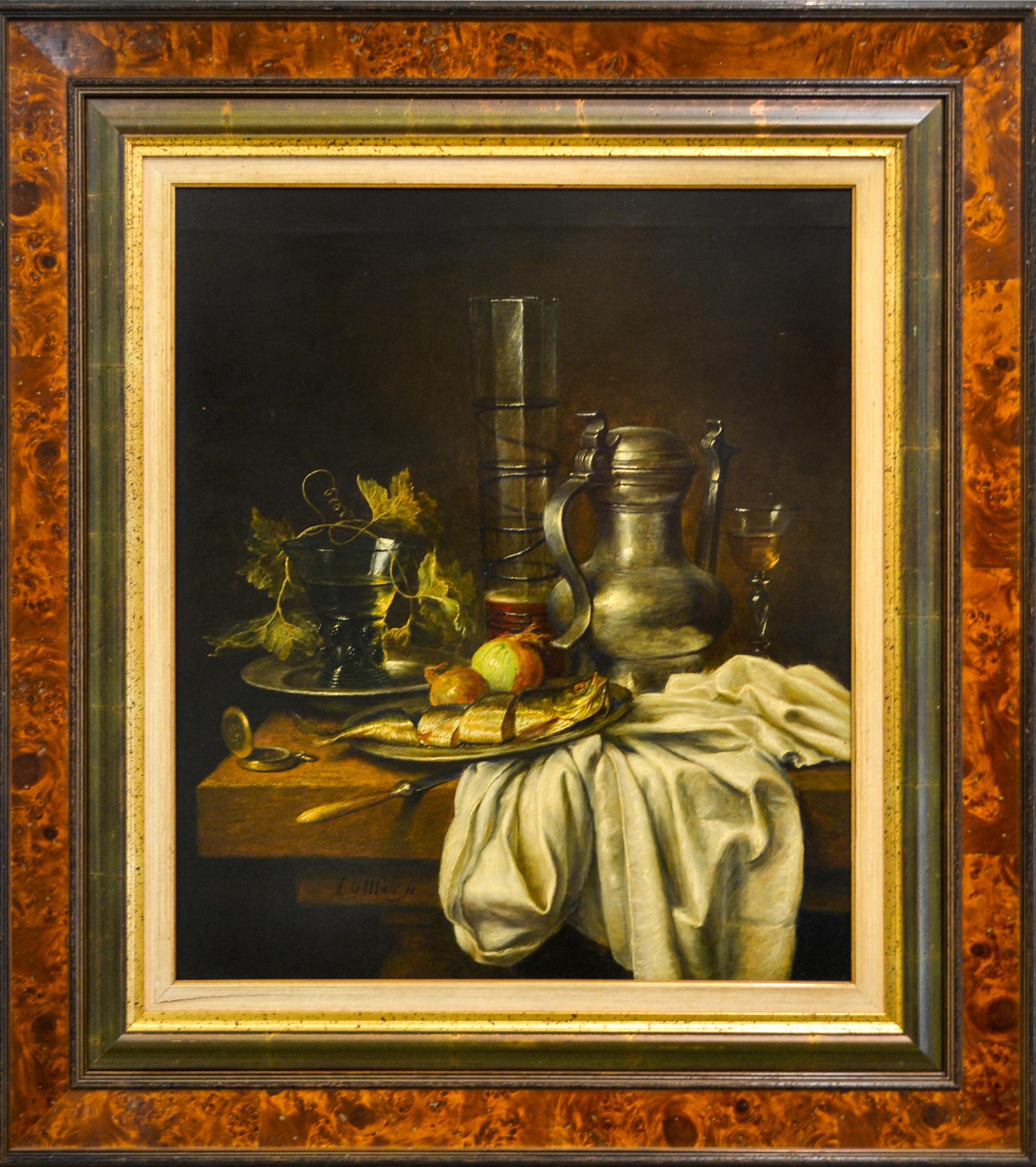 Canne et assiette en étain avec poisson, oignon et un verre de bière - Nature morte hollandaise classique - Painting de Cornelis Le Mair