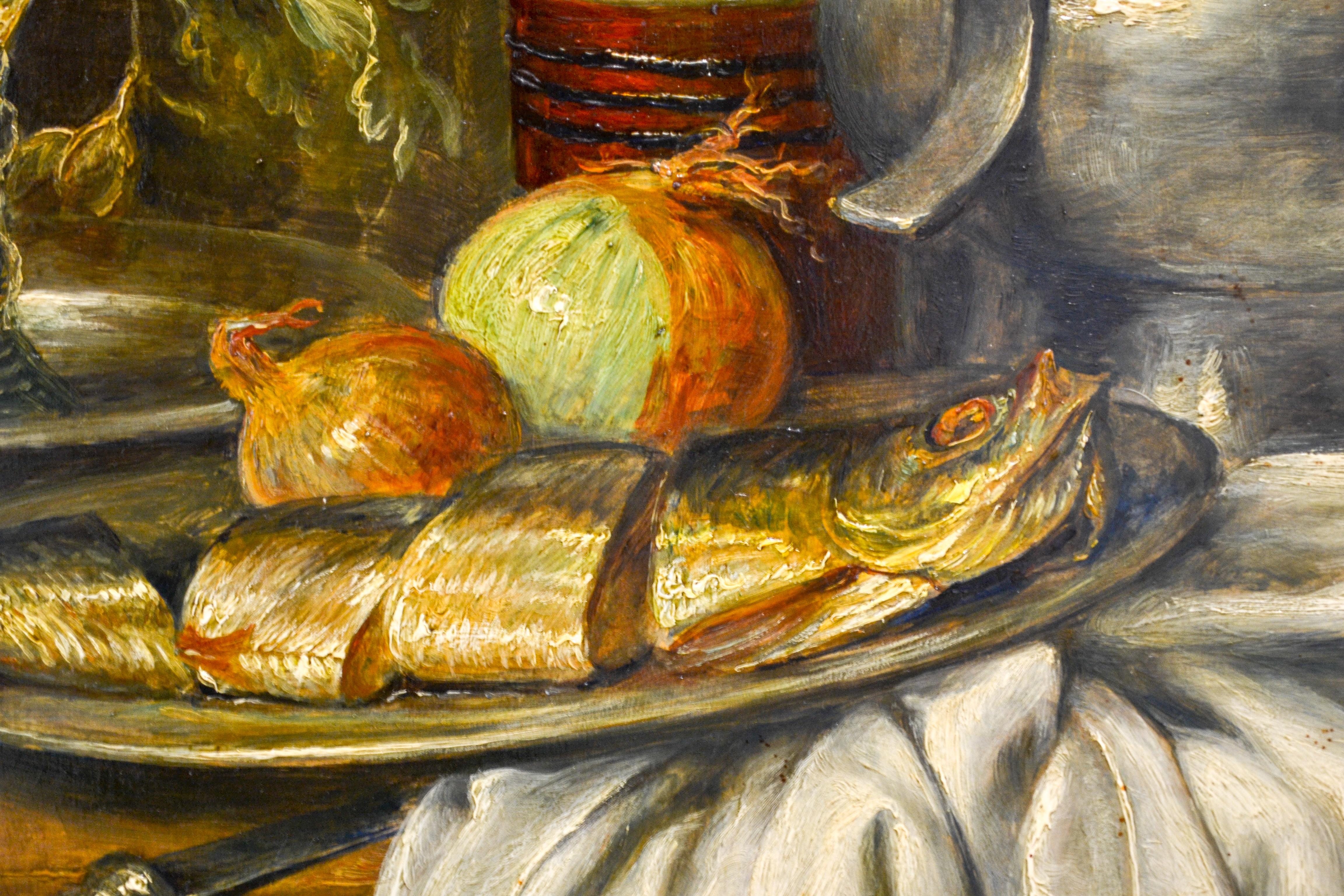 Canne et assiette en étain avec poisson, oignon et un verre de bière - Nature morte hollandaise classique - Contemporain Painting par Cornelis Le Mair