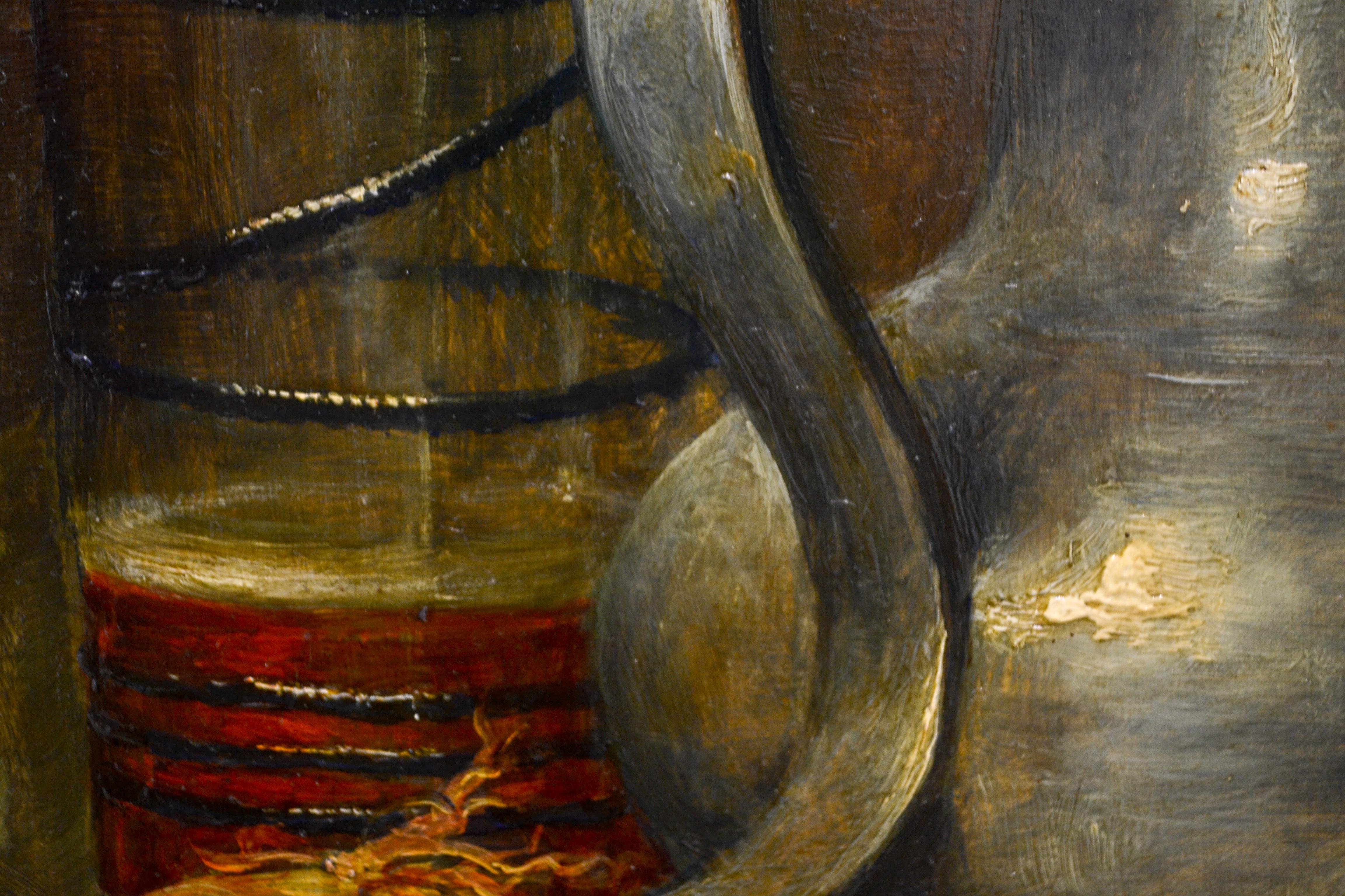 Canne et assiette en étain avec poisson, oignon et un verre de bière - Nature morte hollandaise classique  - Noir Still-Life Painting par Cornelis Le Mair