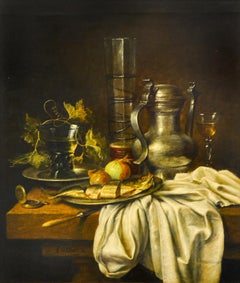 Tin Can and Plate with Fish, Onion & a Glass of Beer- Classic Dutch Still-Life 