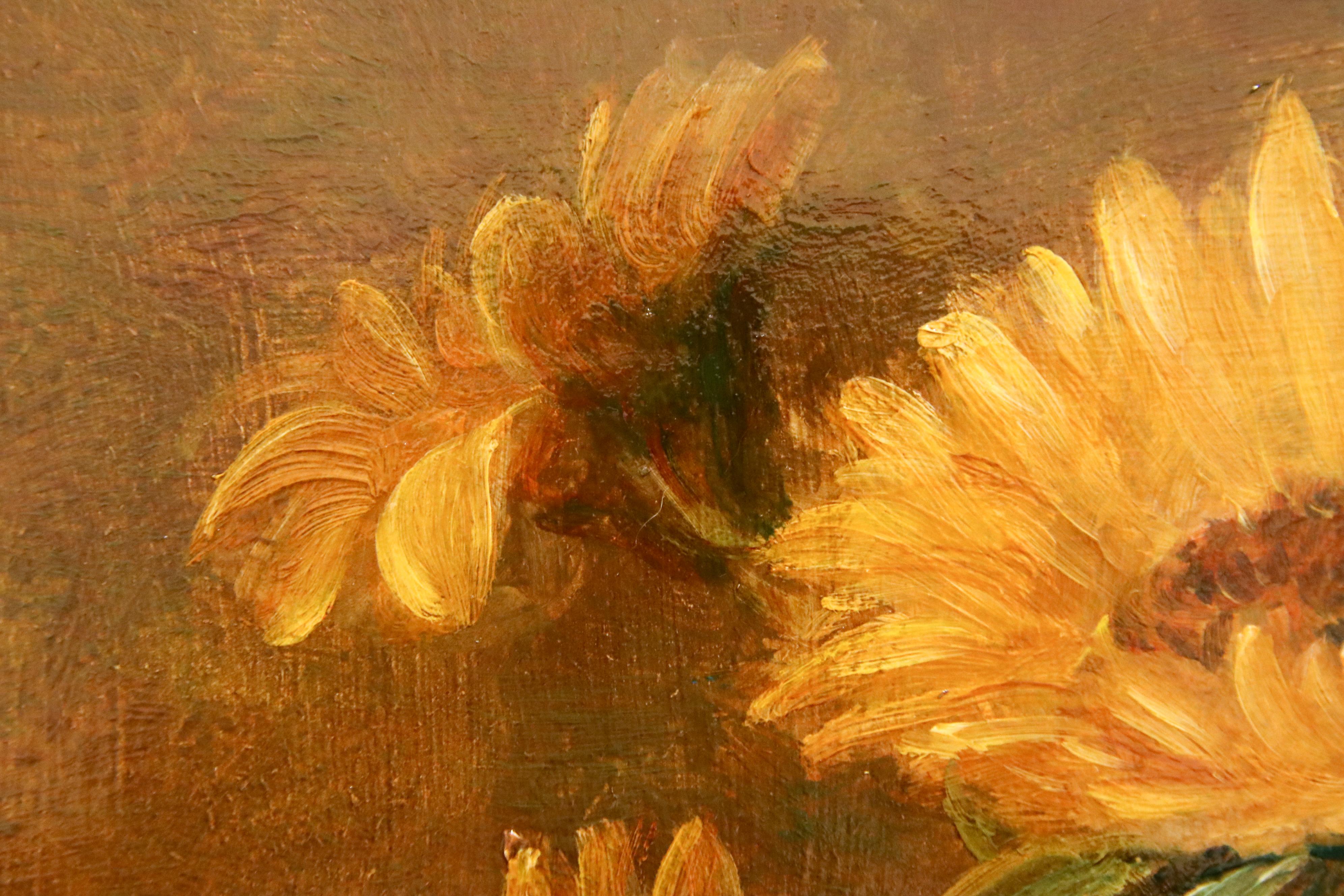 Vase with Sunflowers and Roses - 21st Century Contemporary Still-Life Oil Paint - Brown Still-Life Painting by Cornelis Le Mair