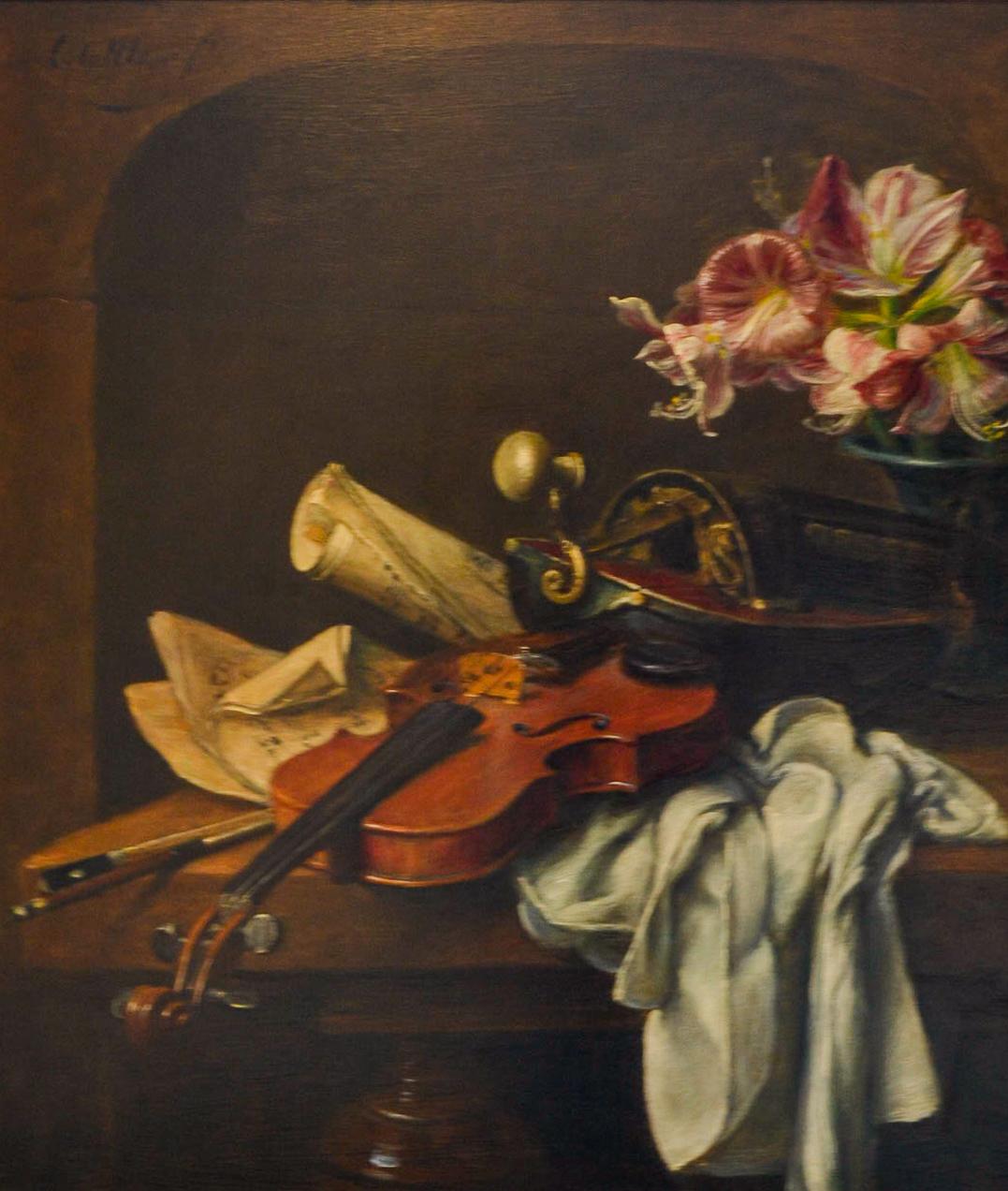 Violon et fleurs - Nature morte hollandaise de style Classic - Painting de Cornelis Le Mair