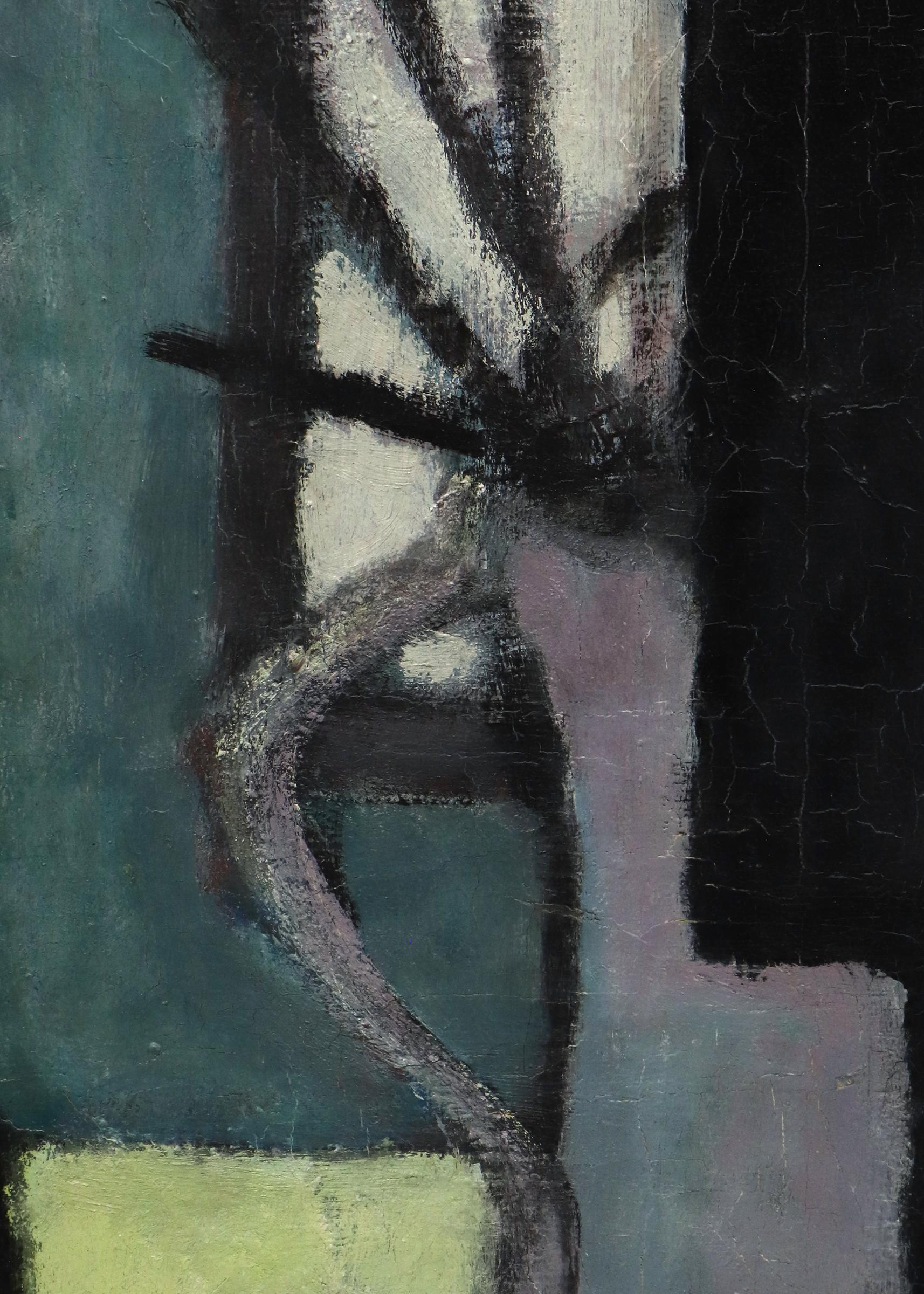 Expressionist 1940s Self Portrait Oil Painting in Blues, Greens, Gray, Interior For Sale 6