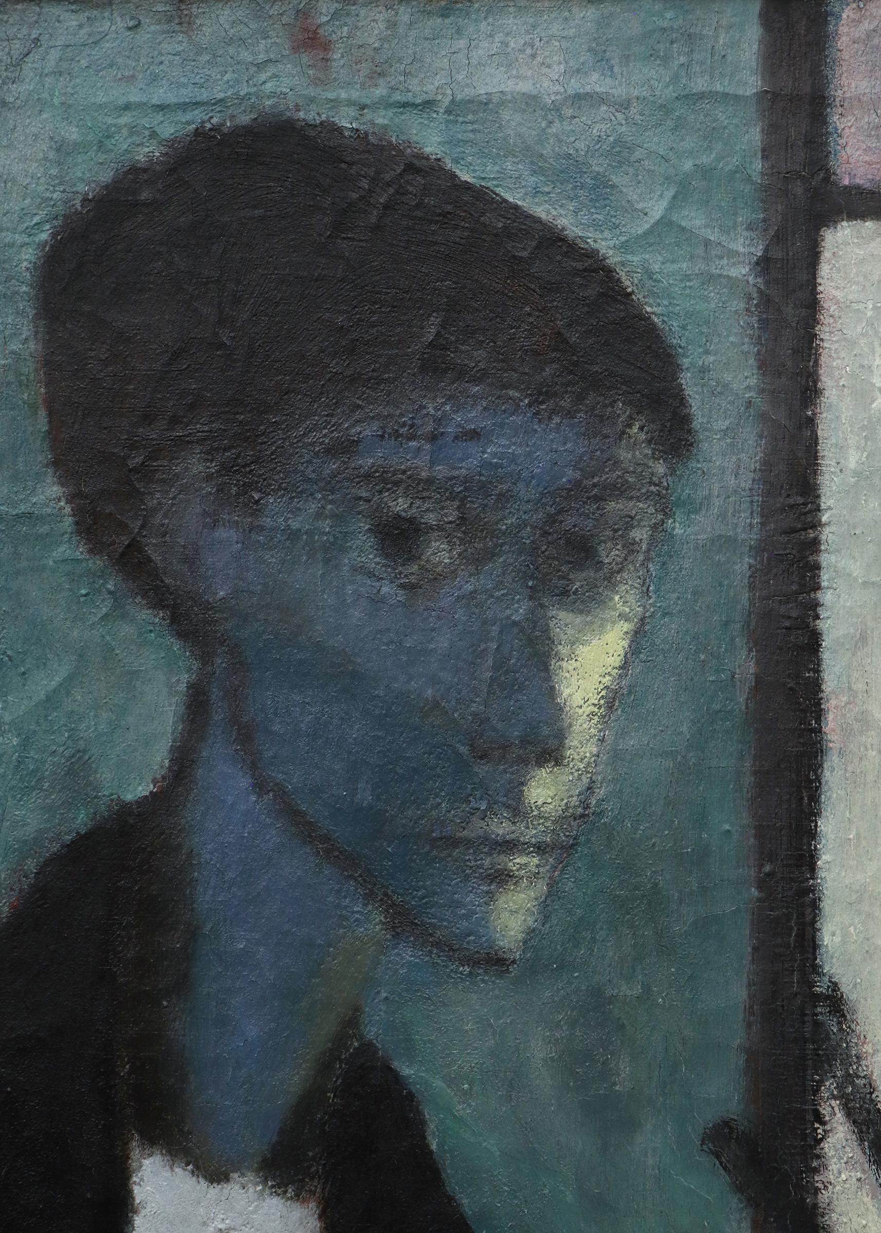 Expressionist 1940s Self Portrait Oil Painting in Blues, Greens, Gray, Interior For Sale 7