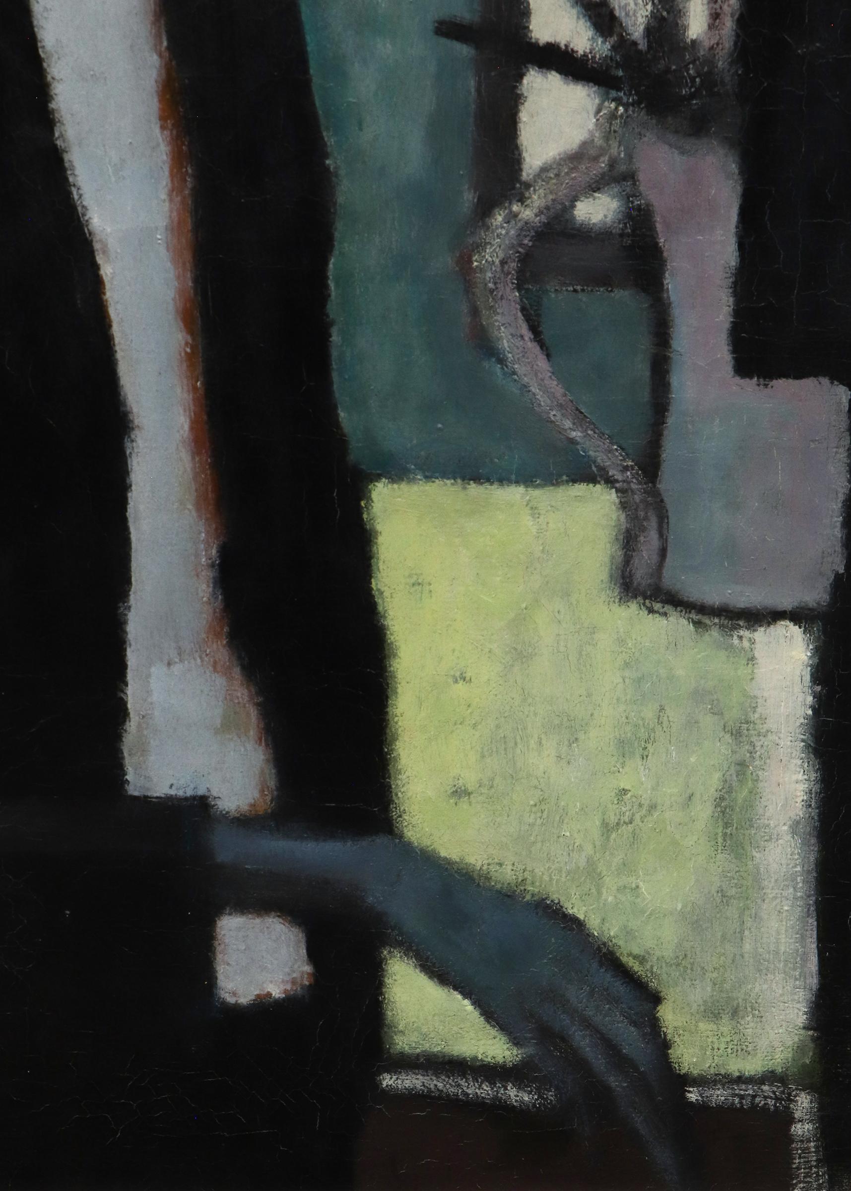 Expressionist 1940s Self Portrait Oil Painting in Blues, Greens, Gray, Interior For Sale 8