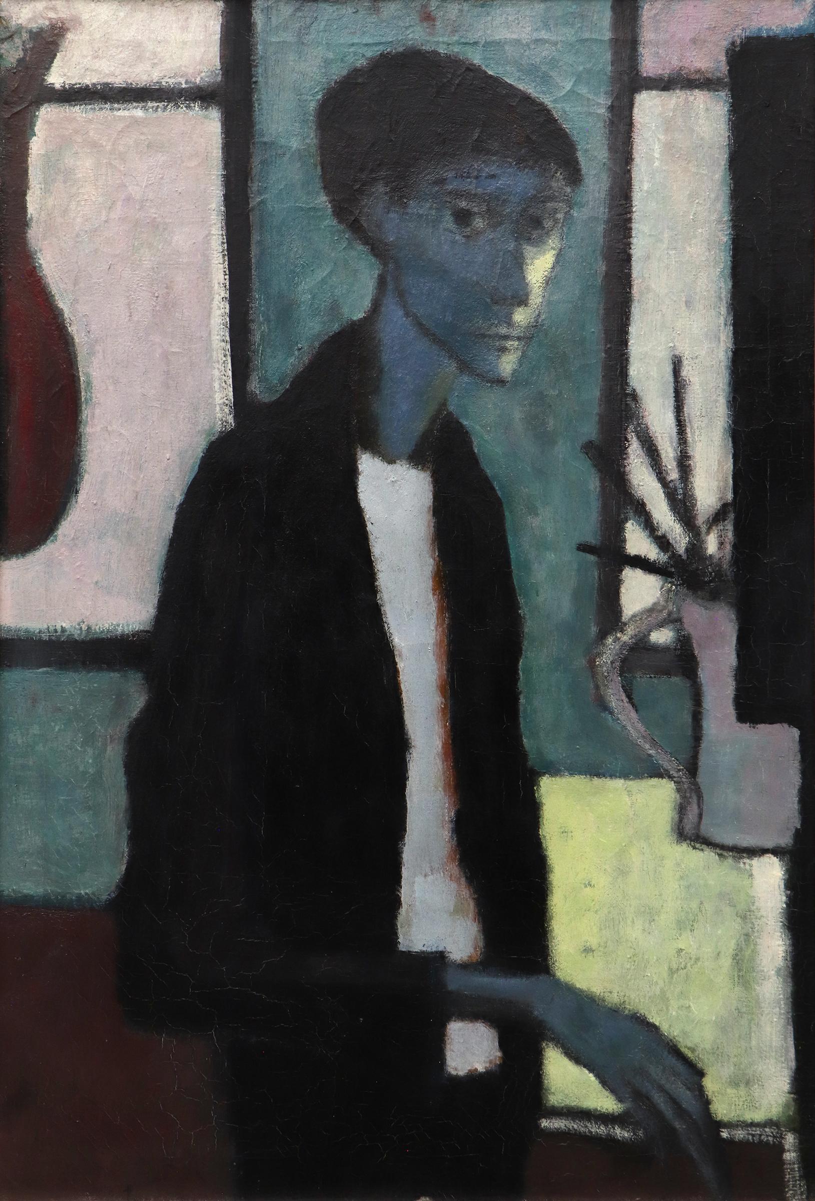 Expressionist 1940s Self Portrait Oil Painting in Blues, Greens, Gray, Interior For Sale 9