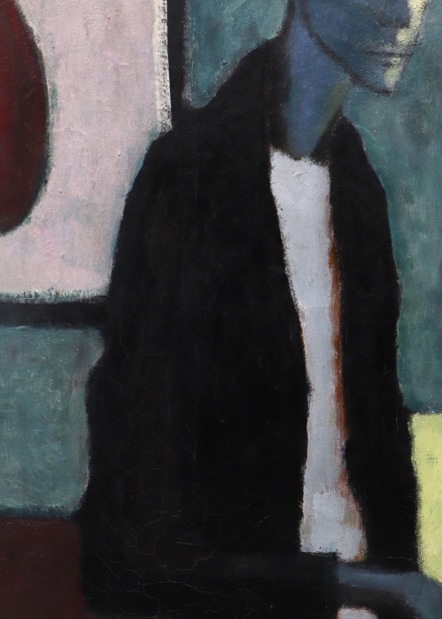 Expressionist 1940s Self Portrait Oil Painting in Blues, Greens, Gray, Interior For Sale 5