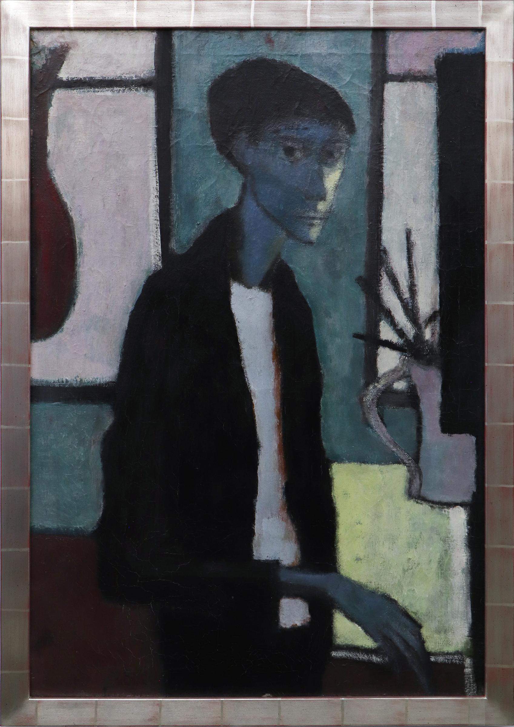 Peinture à l'huile d'un autoportrait expressionniste des années 1940 en bleu, vert et gris, intérieur