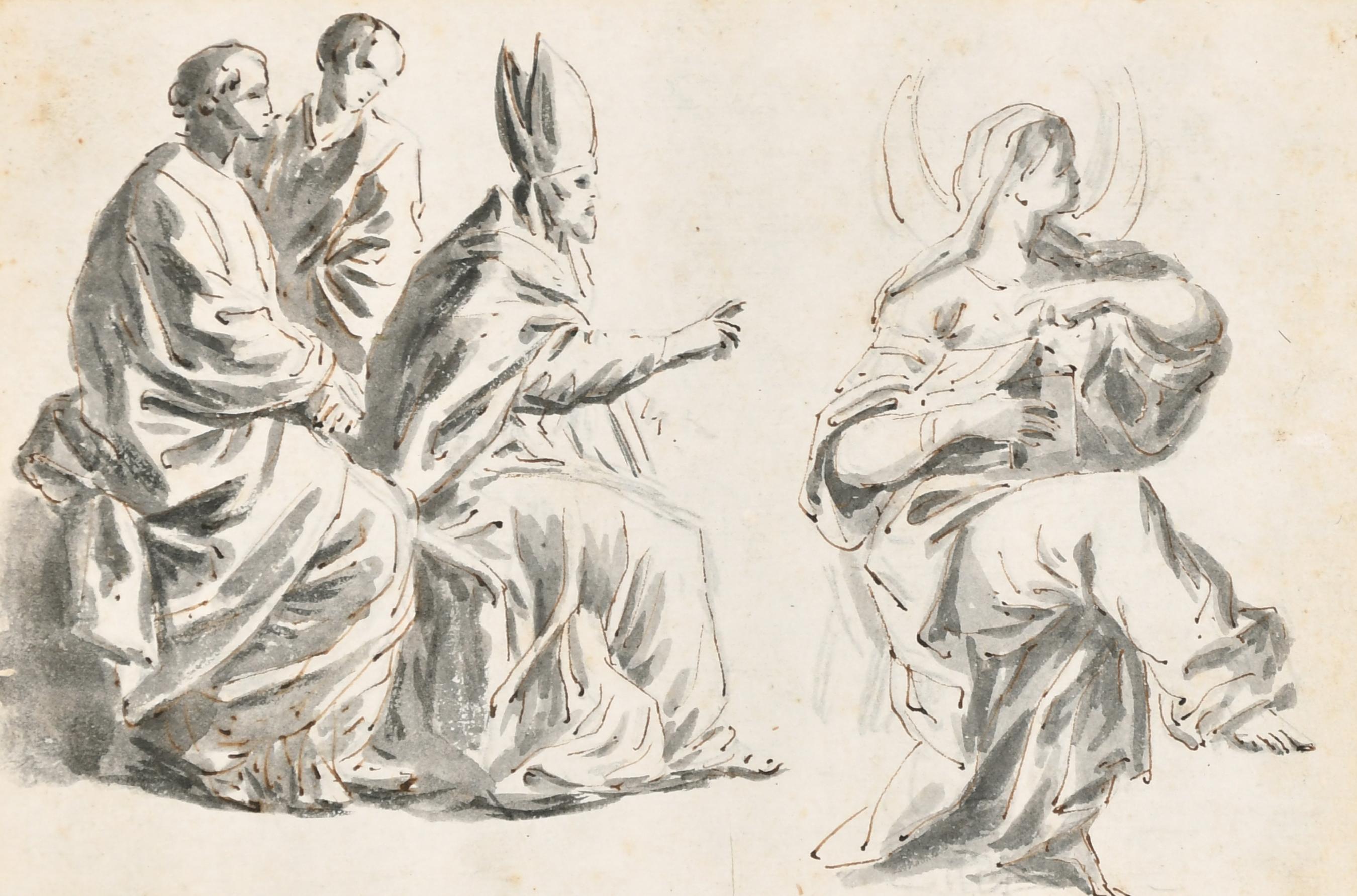 Antico maestro fiammingo del 1600 che disegna a inchiostro figure bibliche Gruppo su carta