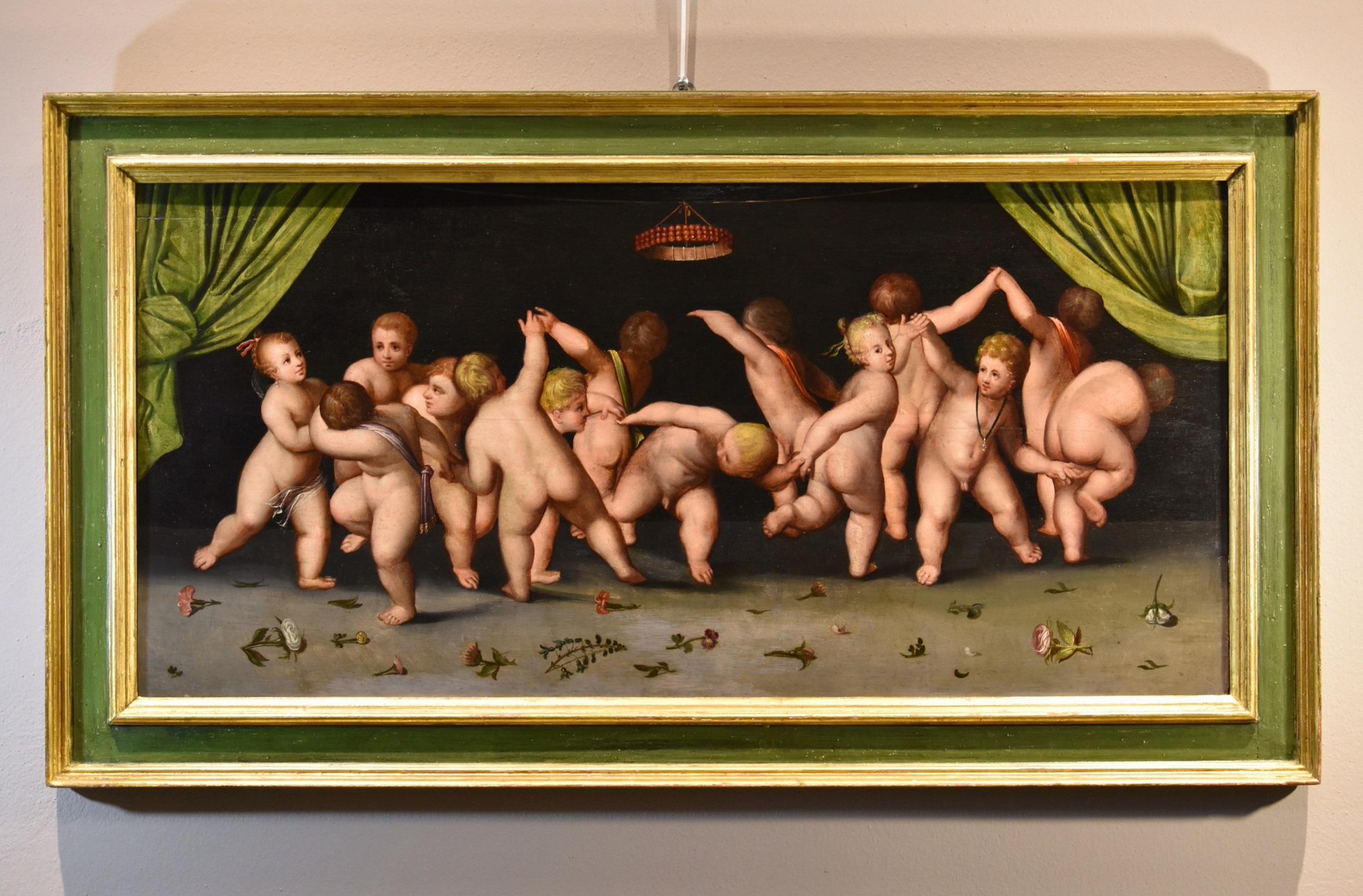 Dance Putti Van Cleve Paint Oil on table 16th Century Flemish Old master Belgium - Old Masters Painting by Cornelis Van Cleve (antwerp, 1520 - 1567) 