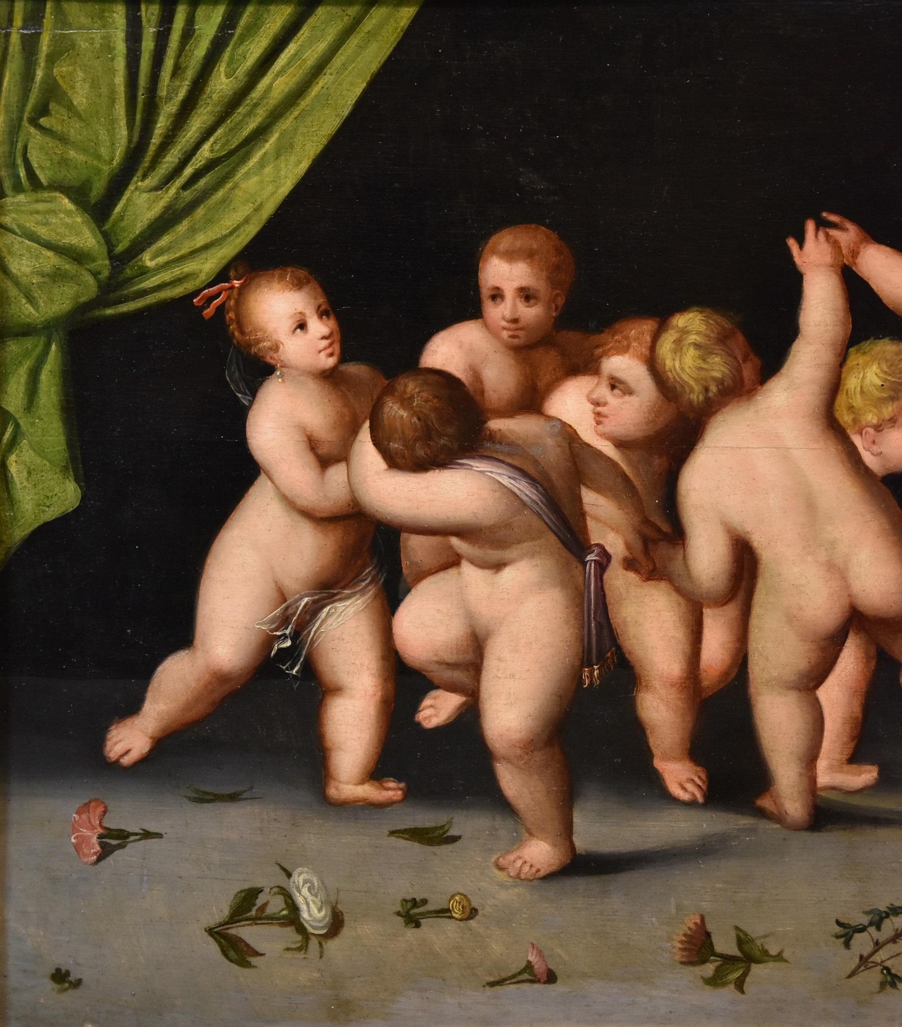 Werkstatt von Cornelis van Cleve, oder Van Cleef (Antwerpen, 1520 - 1567)
Flämische Schule, Ende 16. Jahrhundert
Tanz der Putten

Öl auf Holzplatte
51 x 108 cm. - gerahmt 67 x 124 cm.

Klicken Sie HIER, um die vollständige Beschreibung des Gemäldes